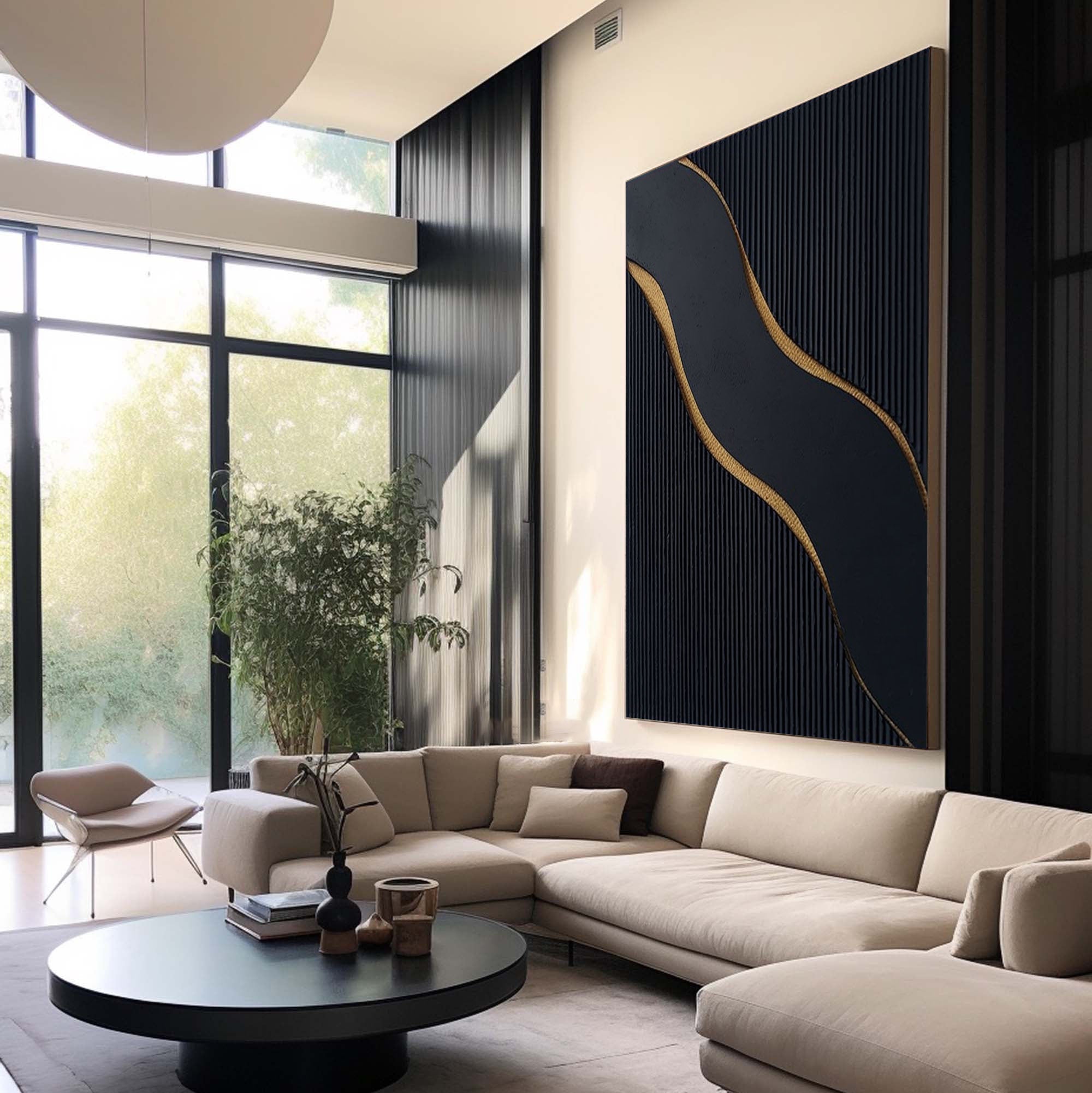 Ebony Waves: Luxurious Black & Gold Vertical Canvas for Elegant Interiors