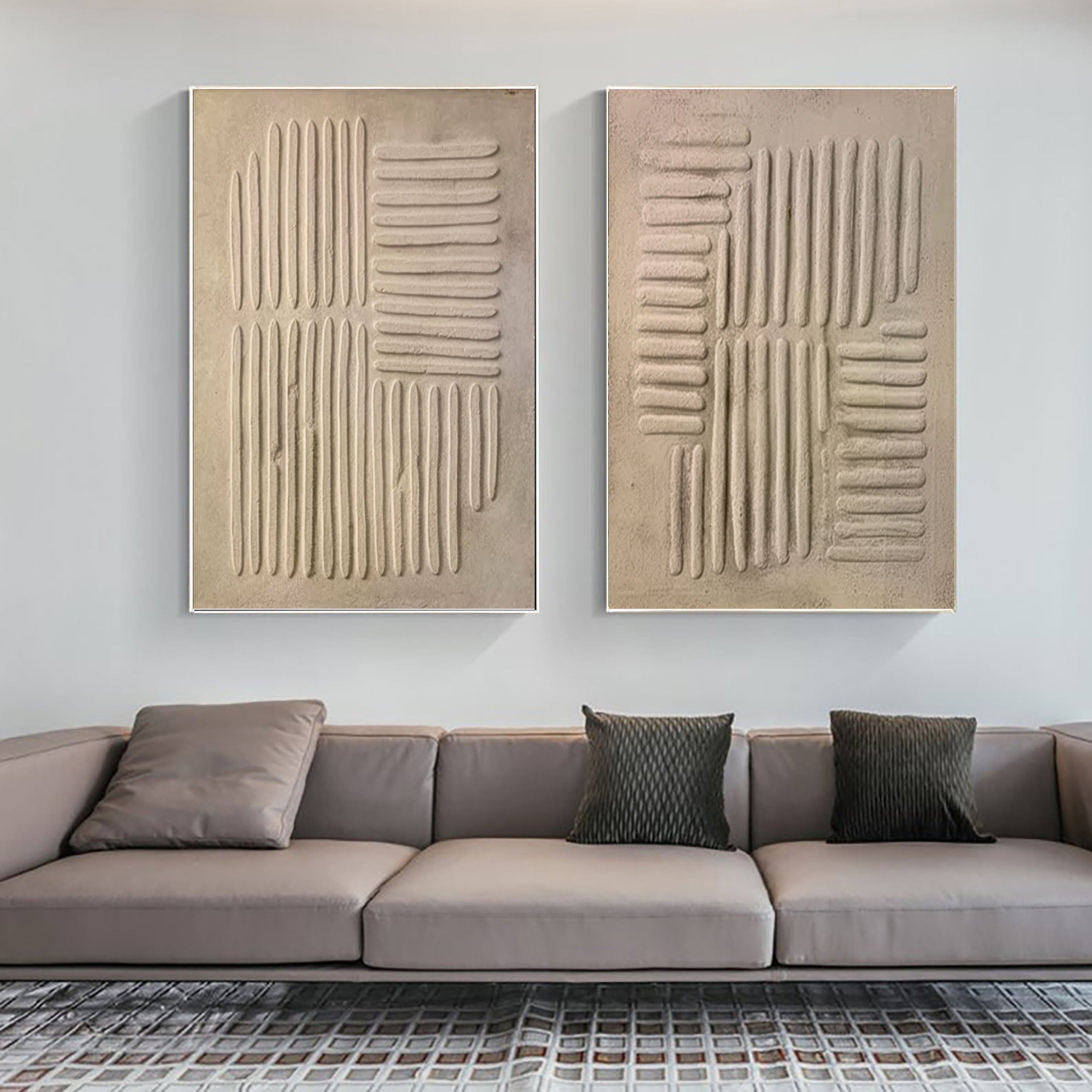 "Sandstone Rhythm" – Minimalist Textured Canvas Duo in Beige