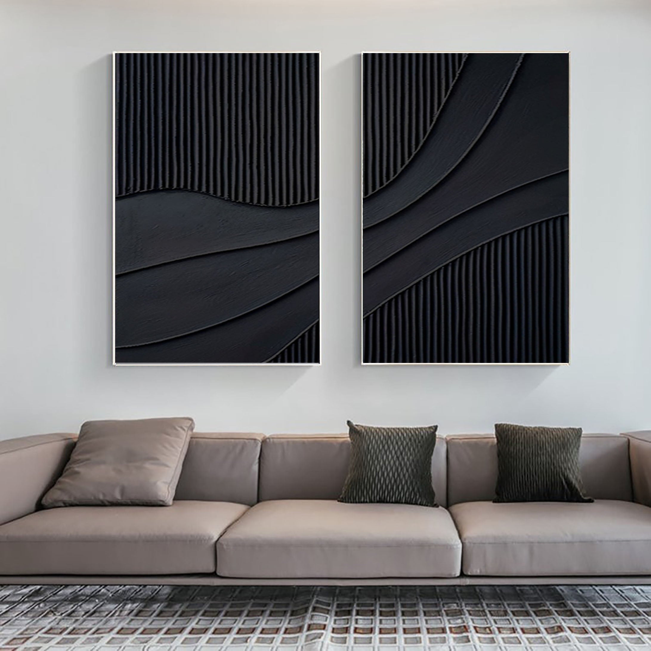 "Noir Flow" – Black Textured Diptych Wall Art for Modern Interiors