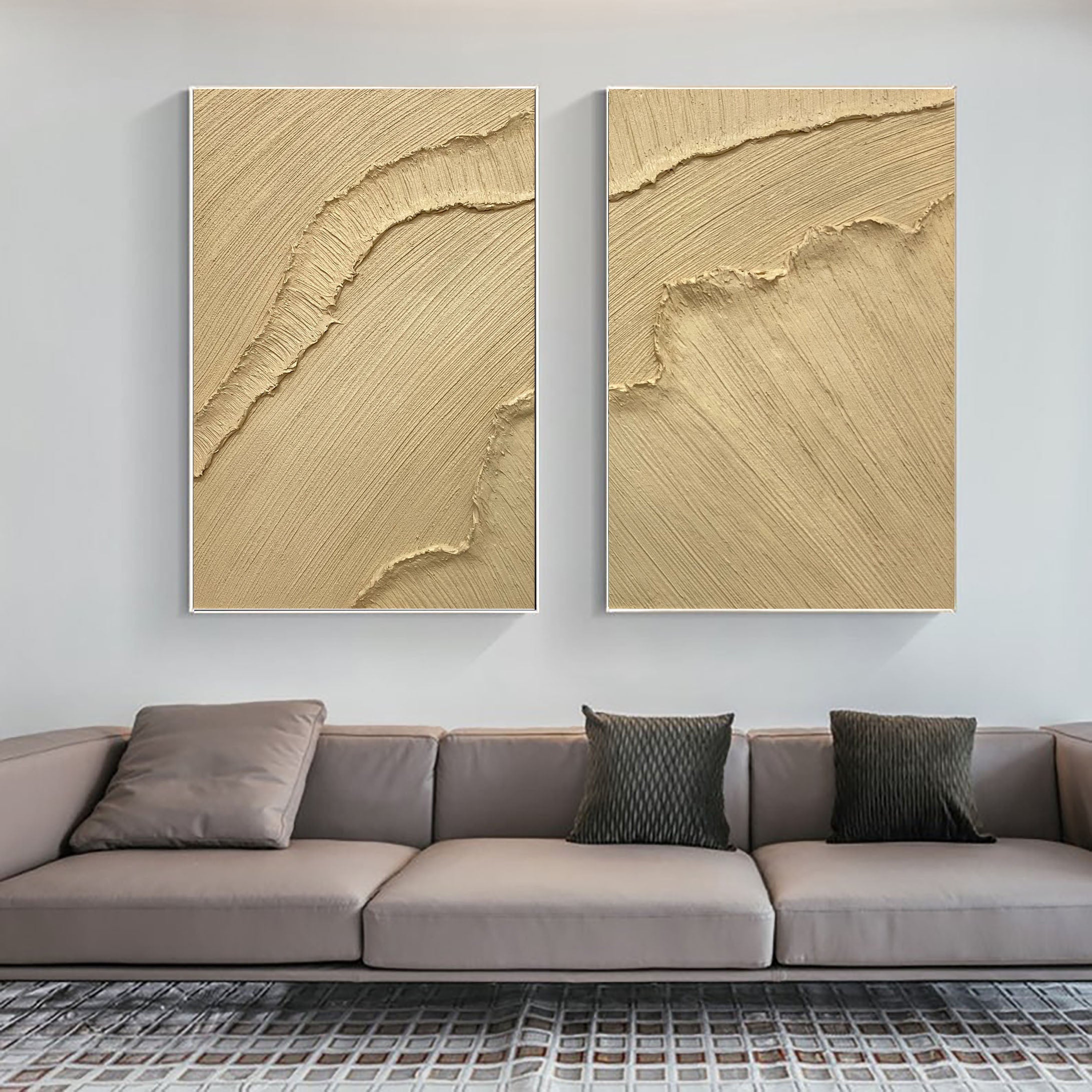 "Golden Horizon" – Minimalist Textured Wall Art Duo in Sandstone Gold