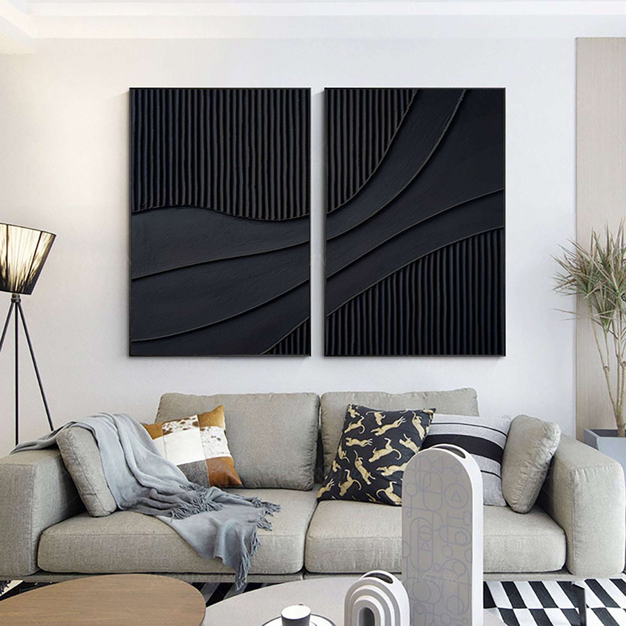 "Noir Flow" – Black Textured Diptych Wall Art for Modern Interiors