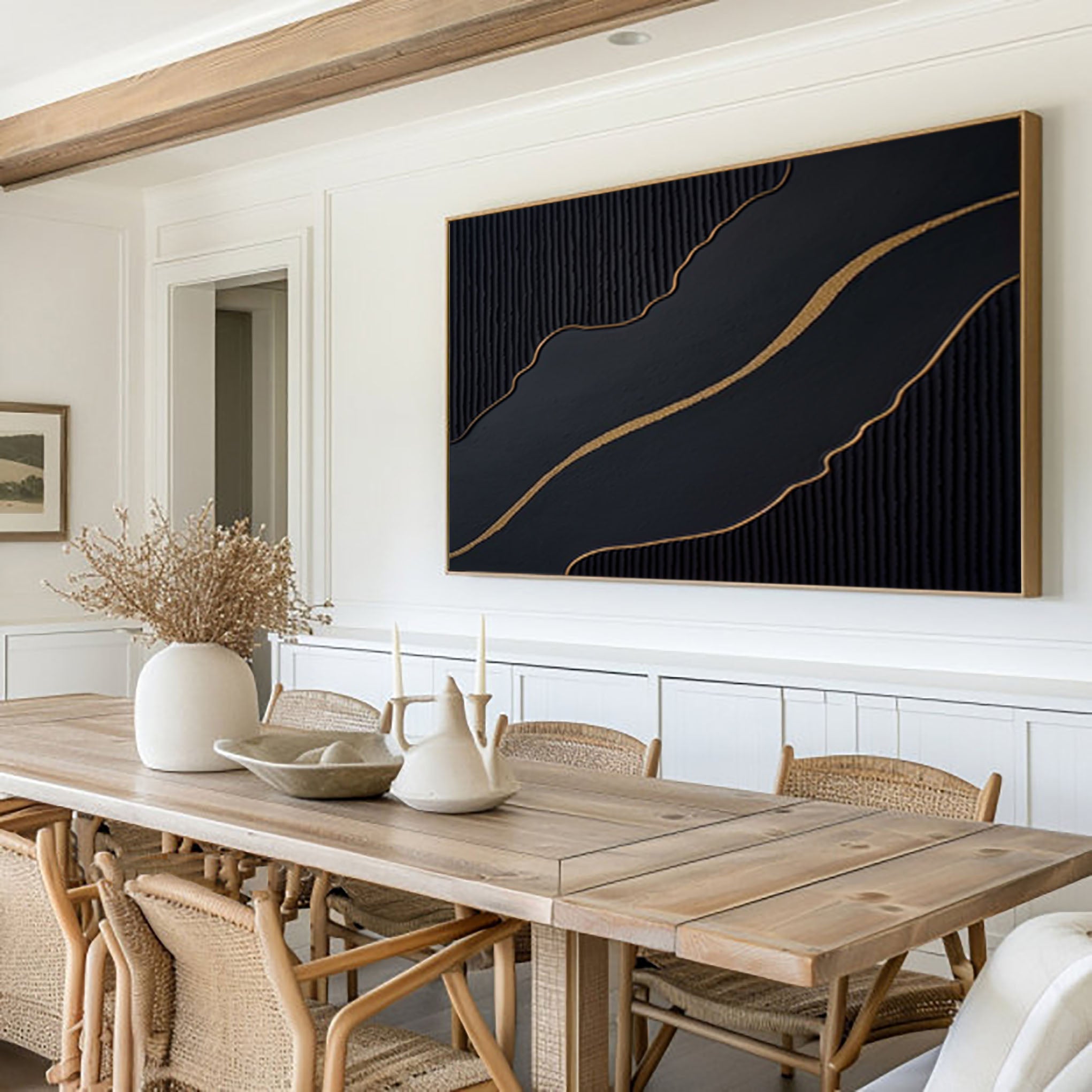 Golden Flow: Black Abstract Wall Art