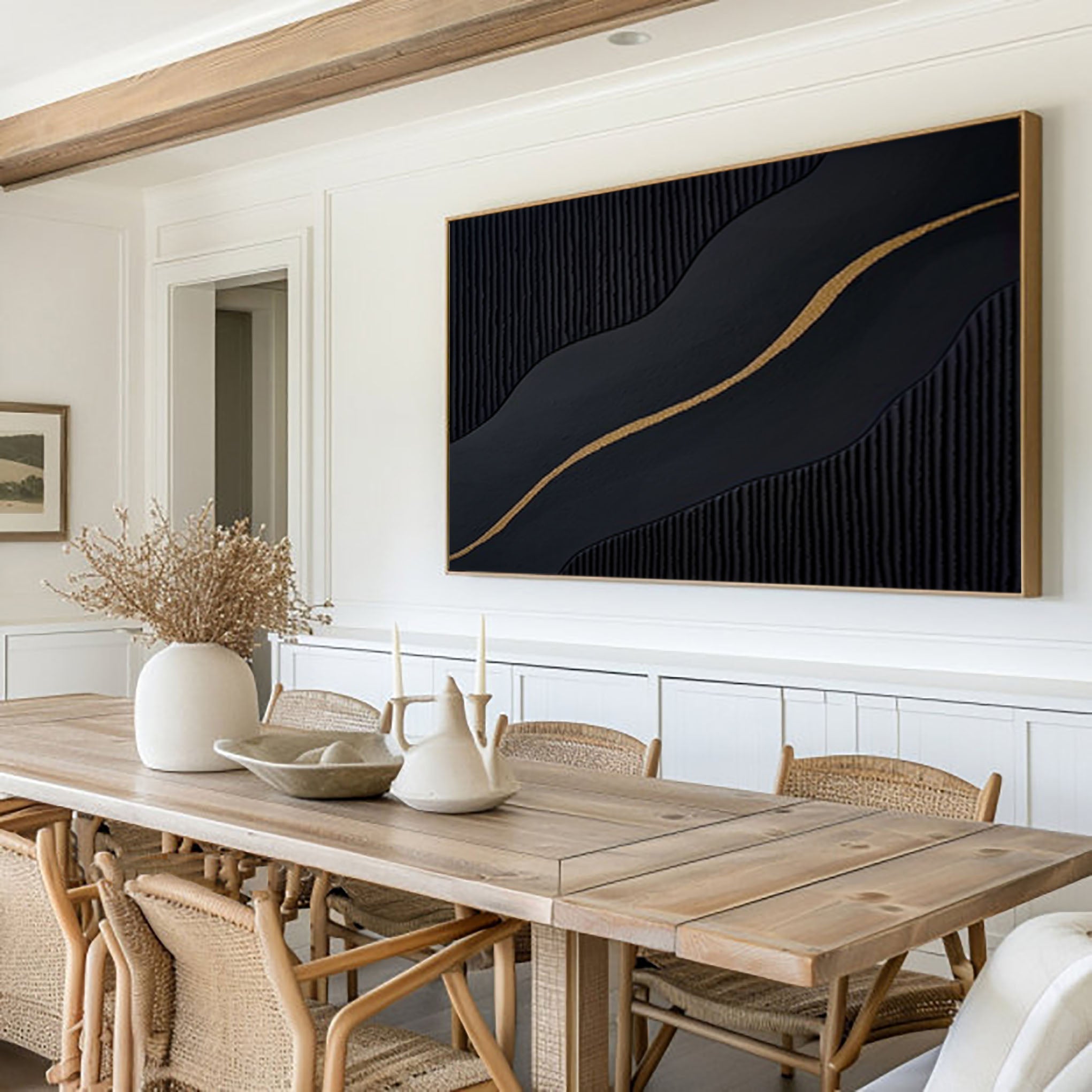 Midnight Flow: Gold-Lined Black Abstract Wall Art