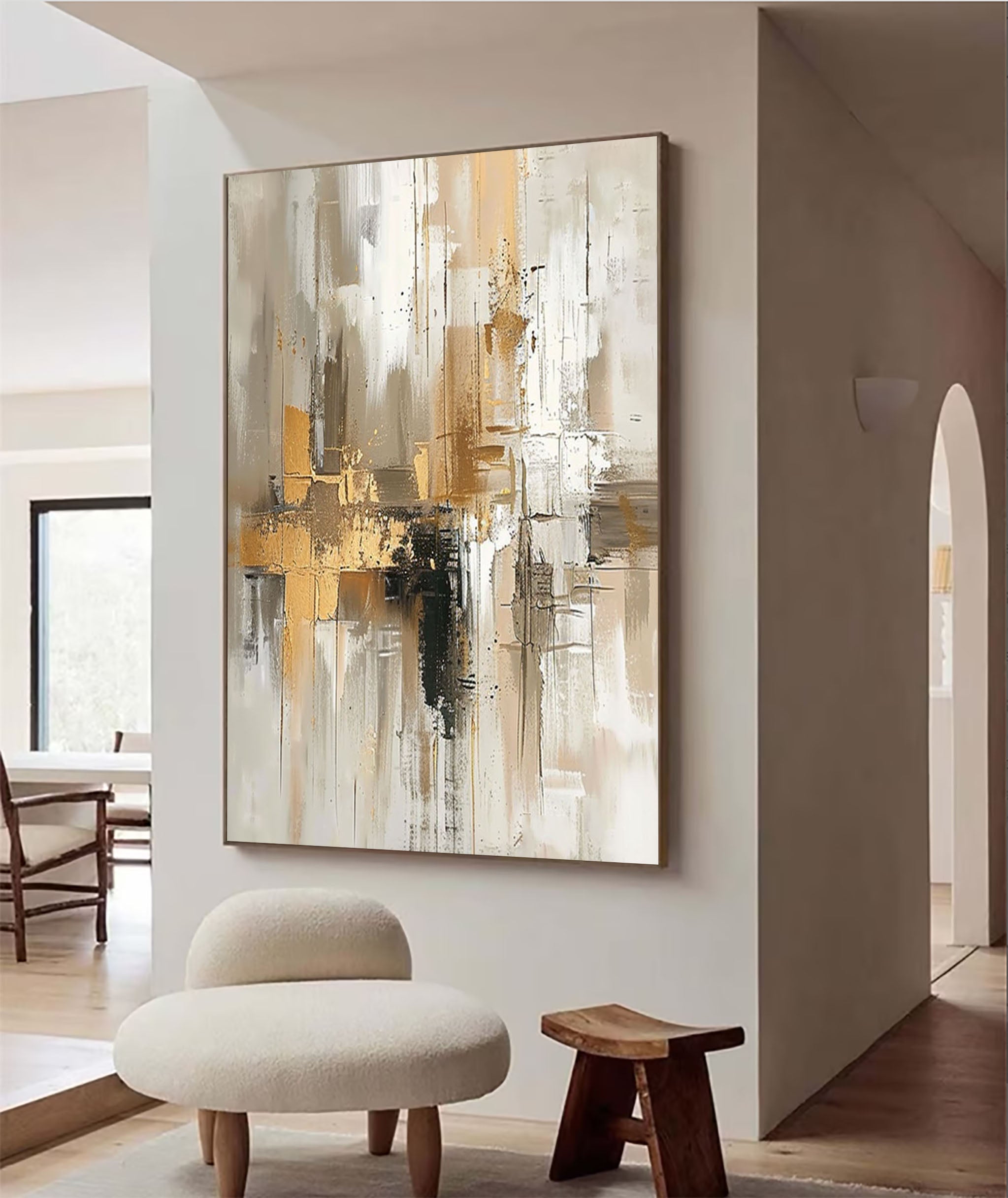 Urban Elegance: Large Abstract Canvas with Gold & Neutral Tones