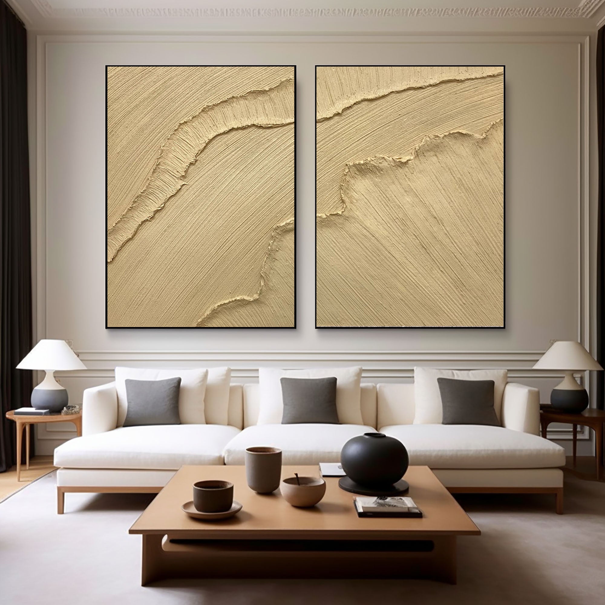 "Golden Horizon" – Minimalist Textured Wall Art Duo in Sandstone Gold