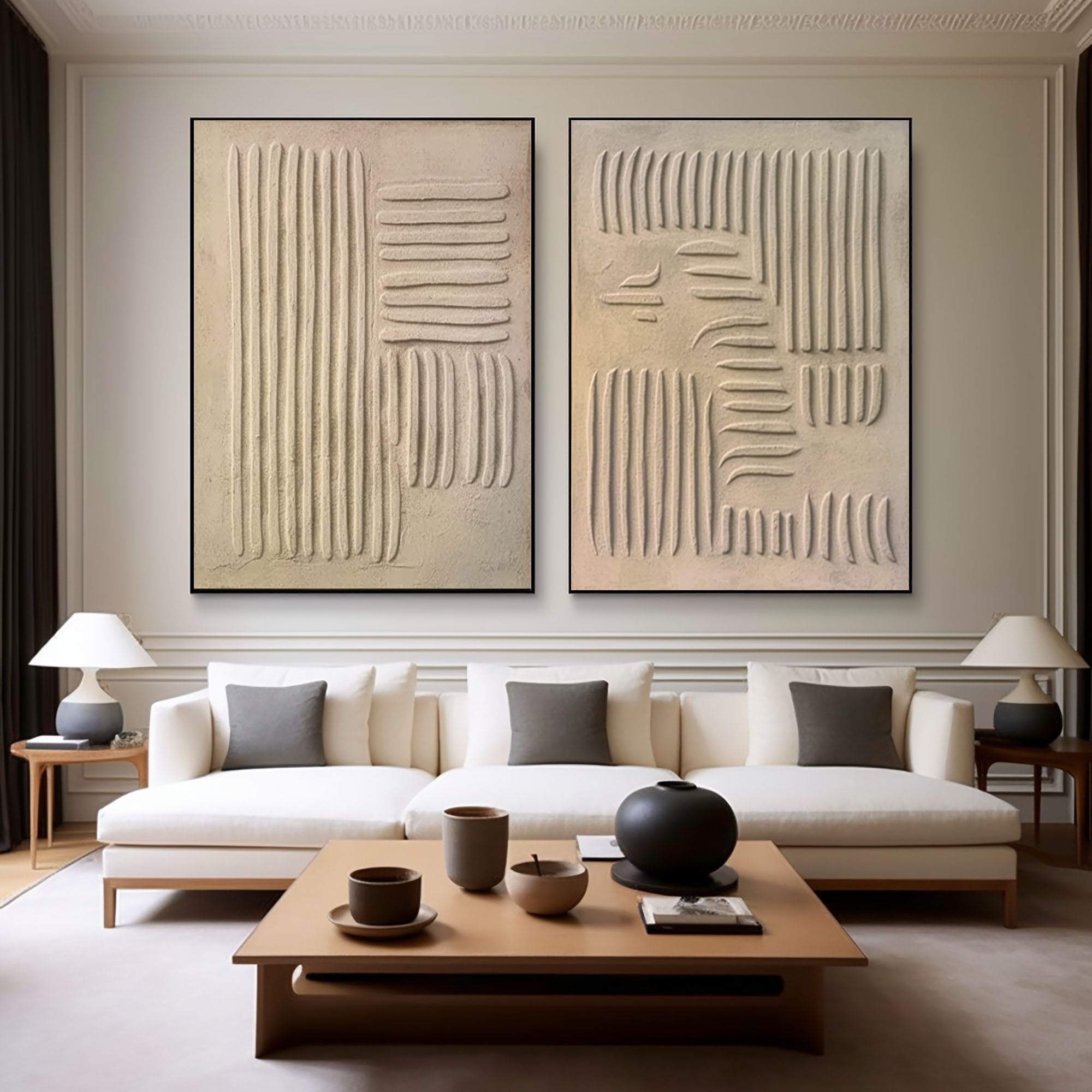 "Eternal Flow" – Minimalist Textured Wall Art Duo in Sandstone Beige