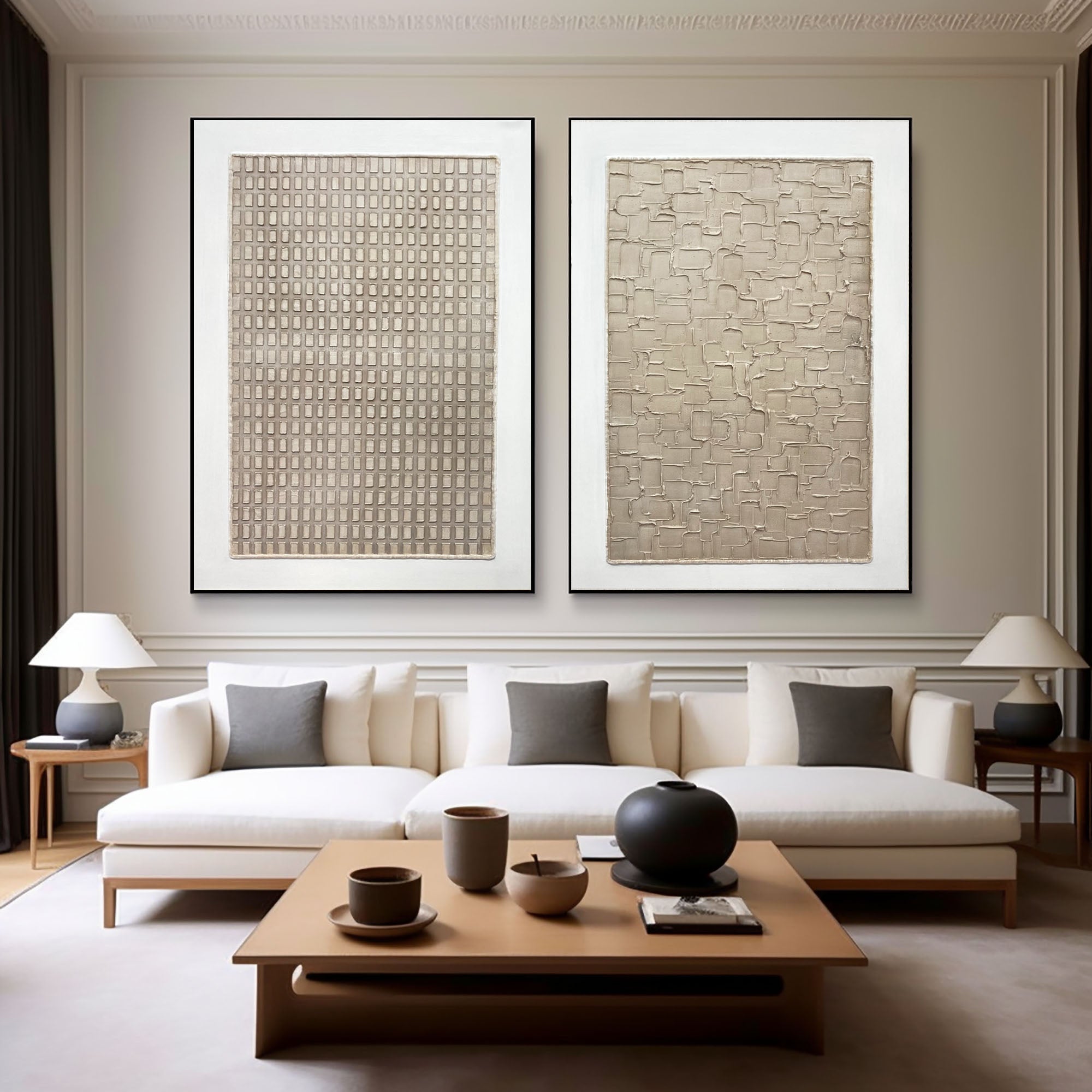 "Neutral Grid Harmony" – Textured Minimalist Canvas Art Set