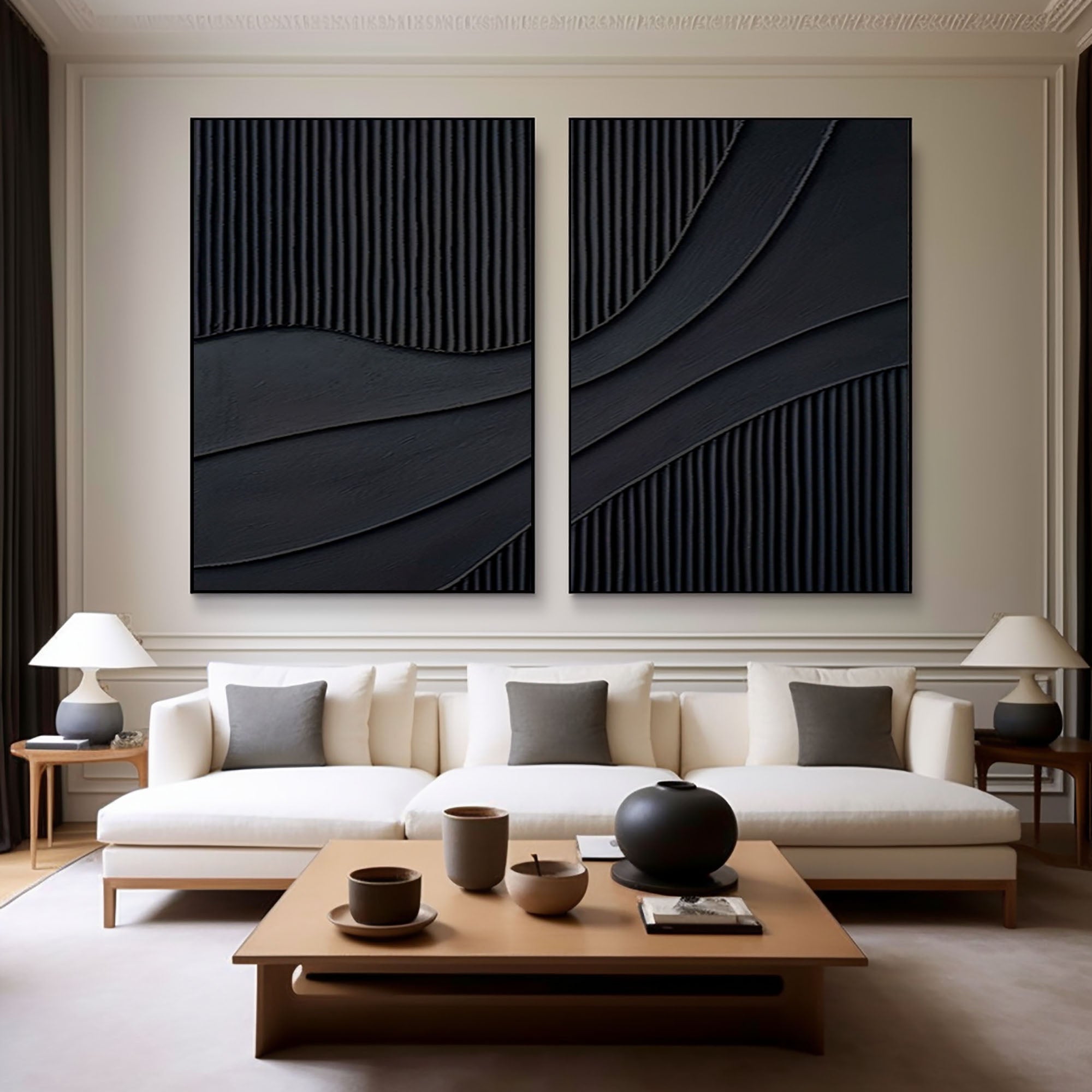 "Noir Flow" – Black Textured Diptych Wall Art for Modern Interiors