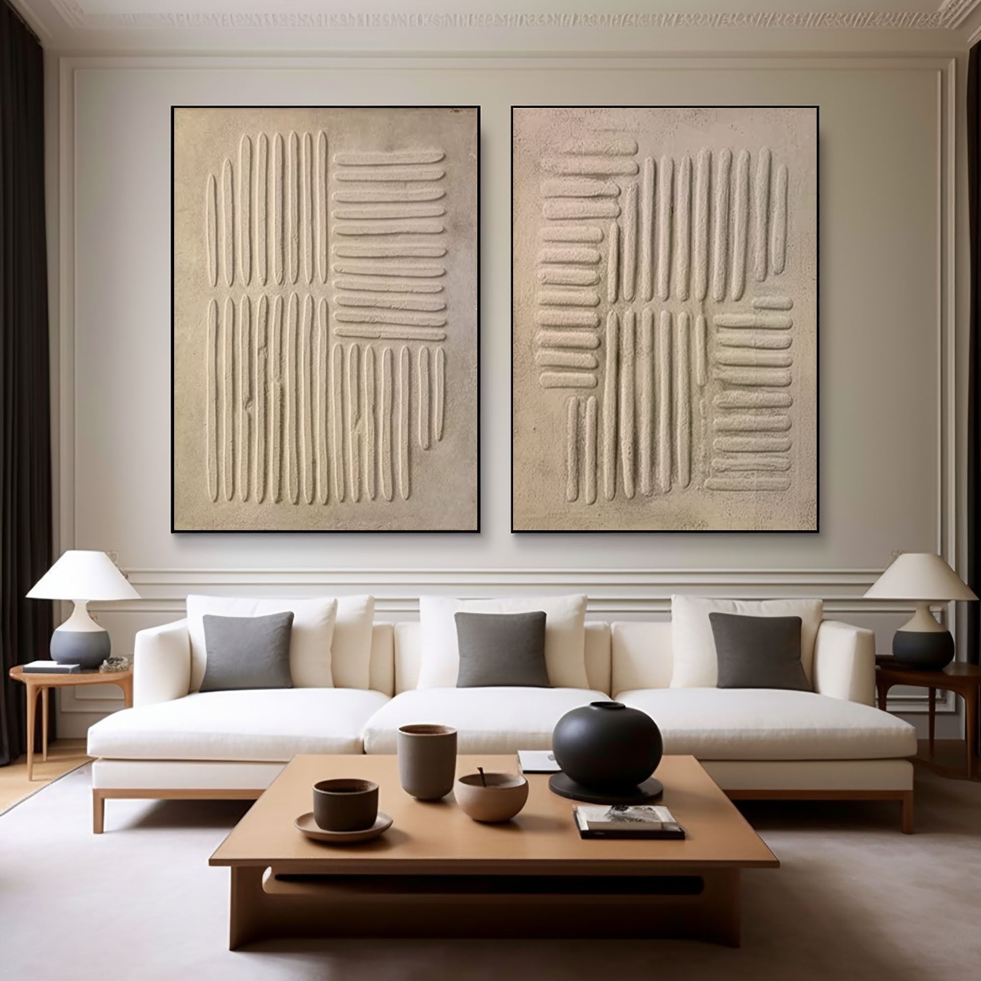 "Sandstone Rhythm" – Minimalist Textured Canvas Duo in Beige