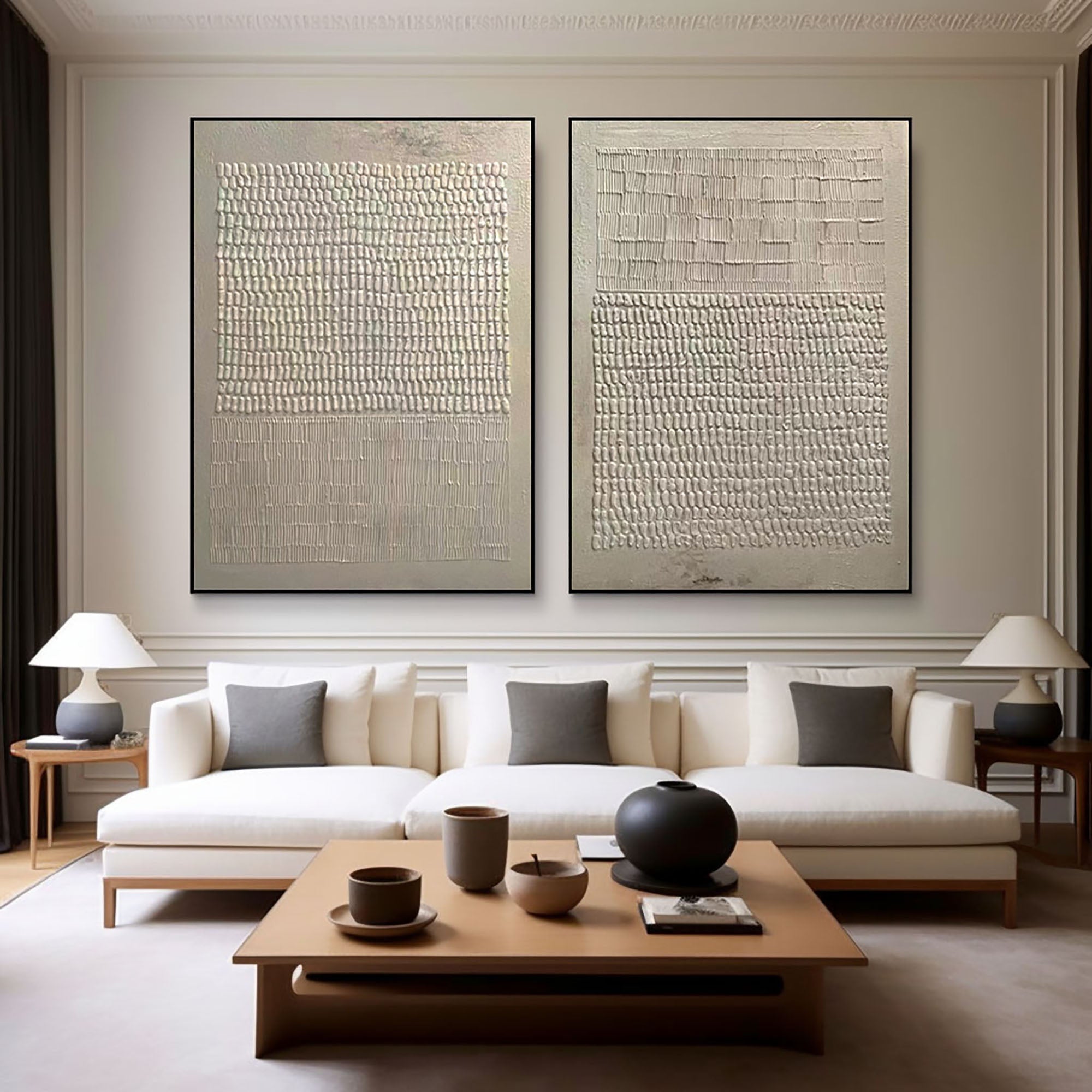 "Tactile Serenity" – Minimalist Textured Abstract Diptych Canvas