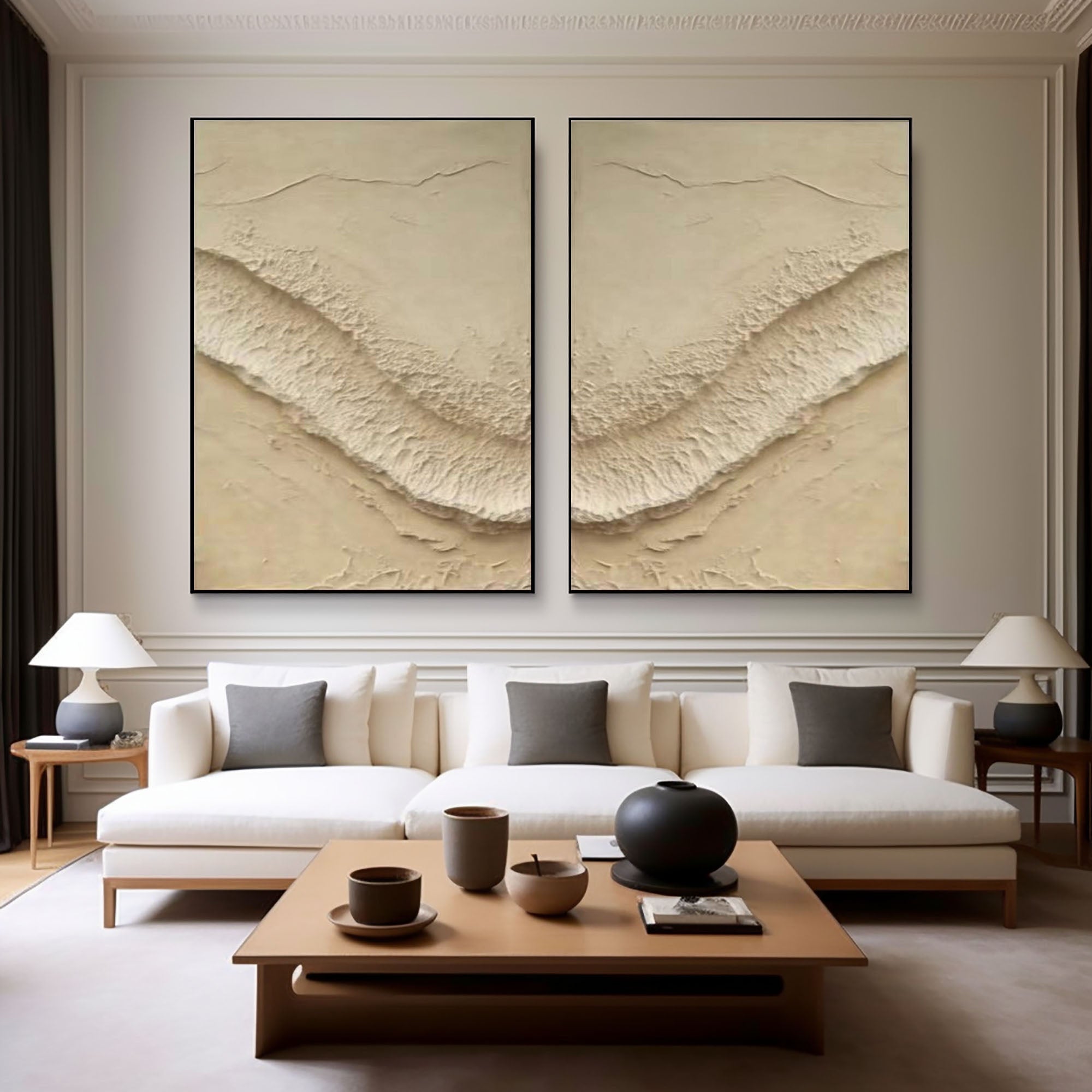 "Ethereal Dunes" – Neutral Textured Diptych Art for Minimalist Spaces