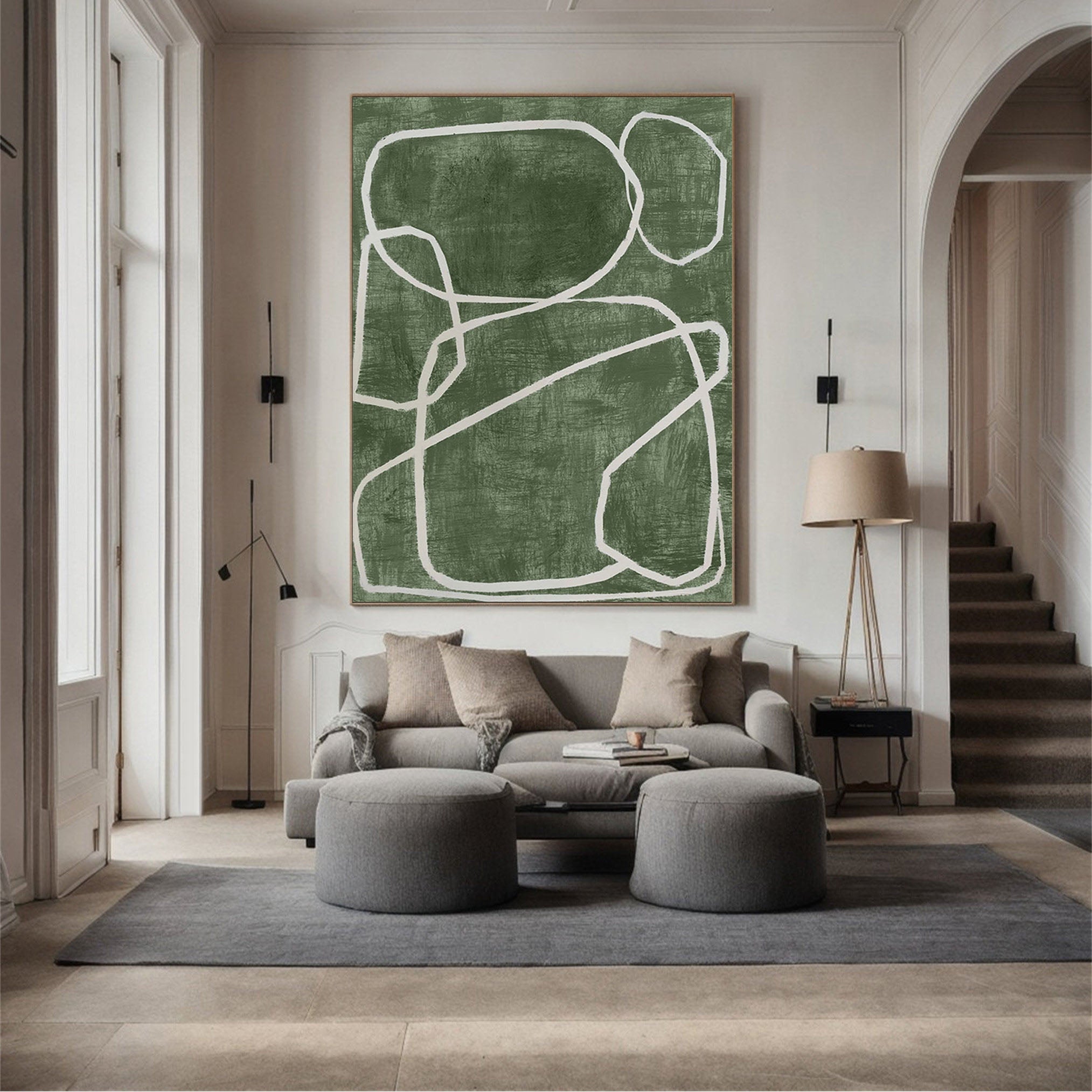 Emerald Flow: Abstract Line Art Canvas