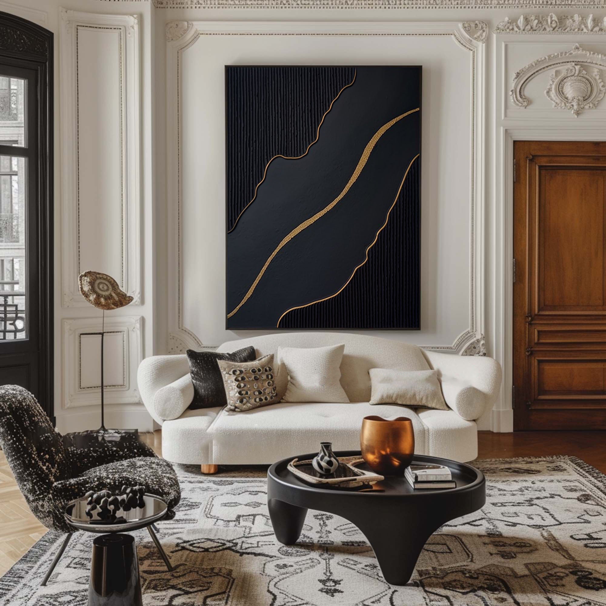 Ebony Waves: Vertical Black & Gold Abstract Art for Modern Spaces