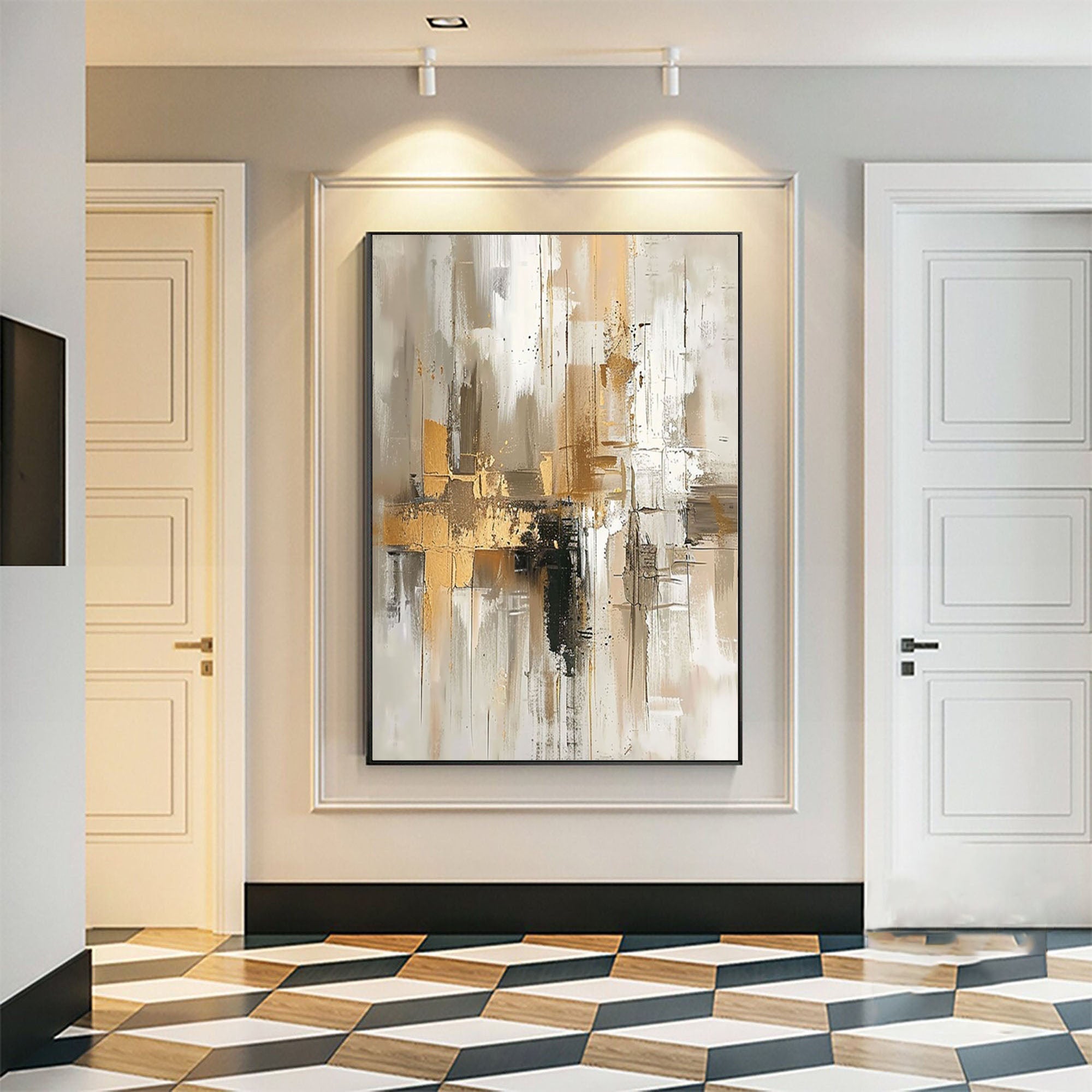 Urban Elegance: Large Abstract Canvas with Gold & Neutral Tones