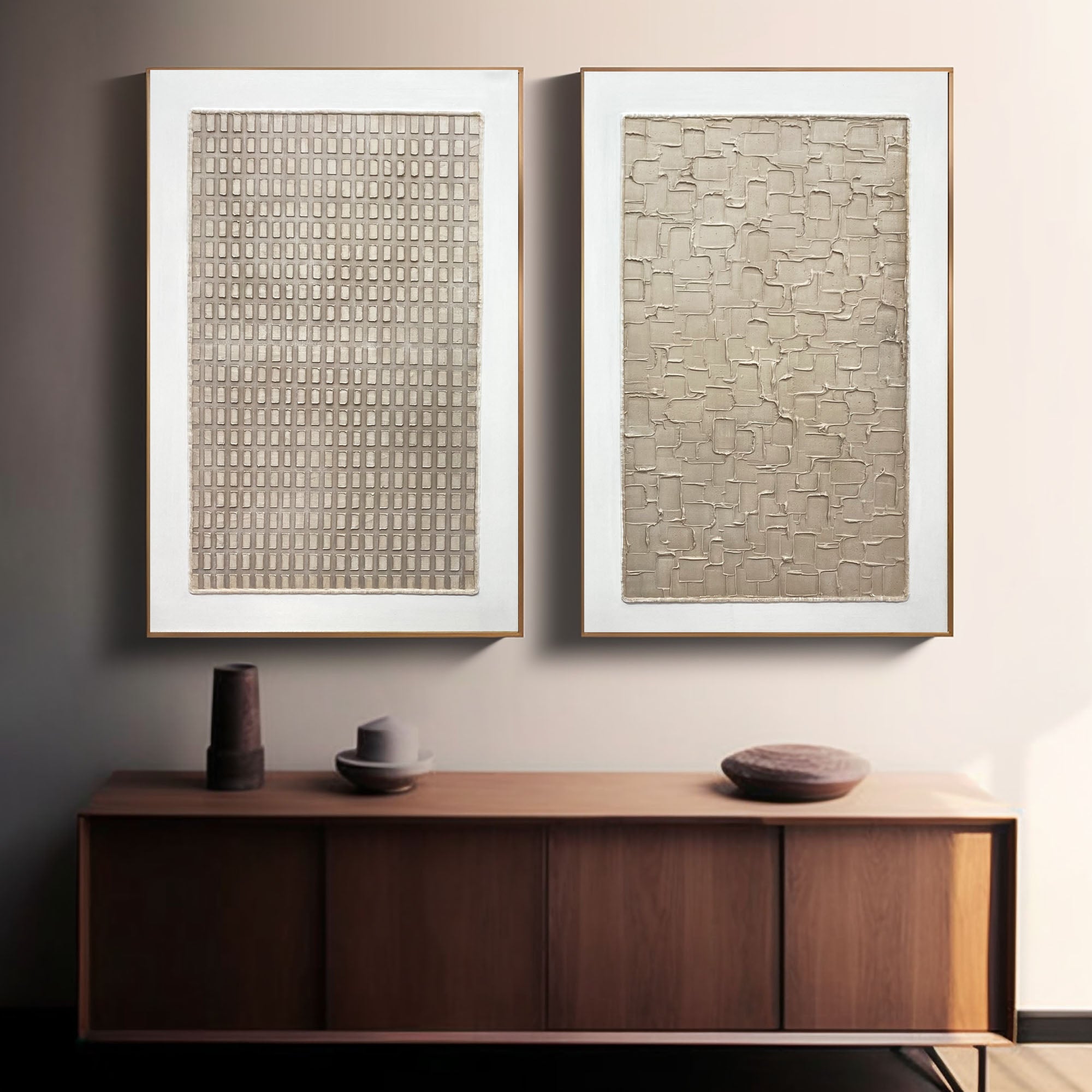 "Neutral Grid Harmony" – Textured Minimalist Canvas Art Set