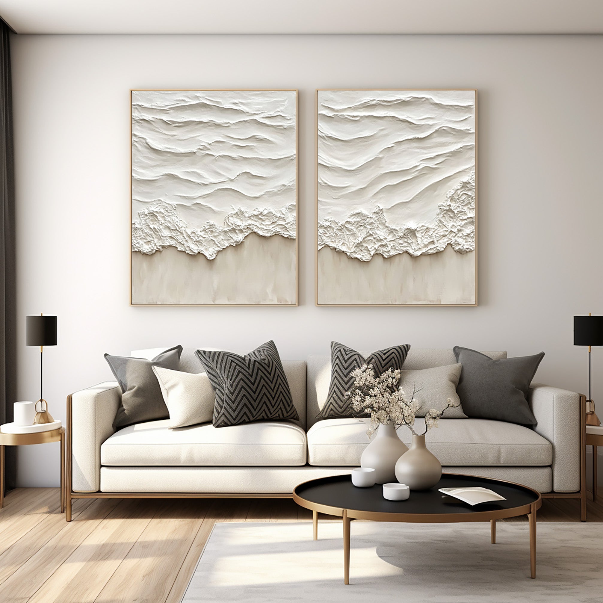 Ethereal Waves: Textured Diptych