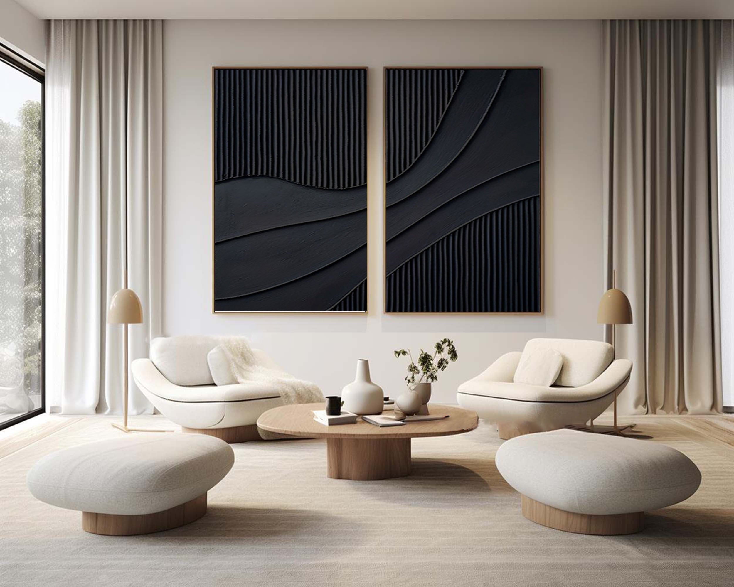 "Noir Flow" – Black Textured Diptych Wall Art for Modern Interiors