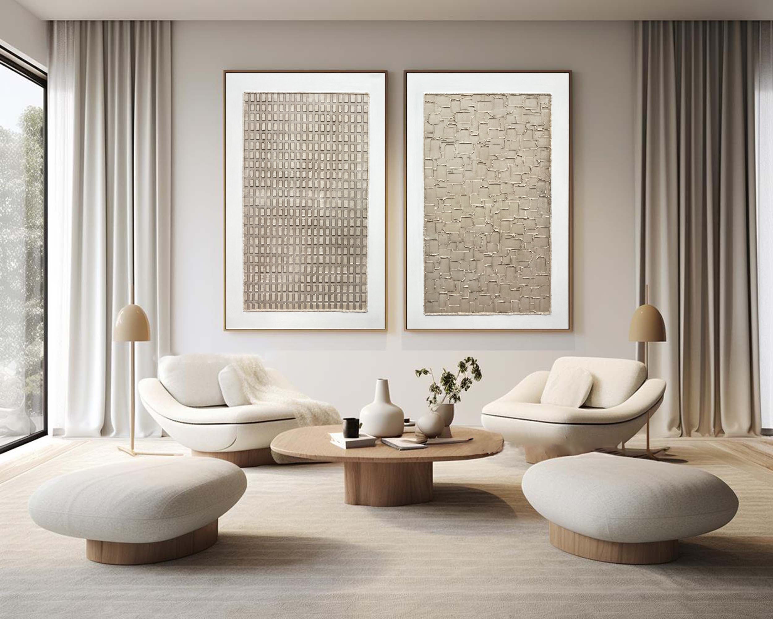 "Neutral Grid Harmony" – Textured Minimalist Canvas Art Set