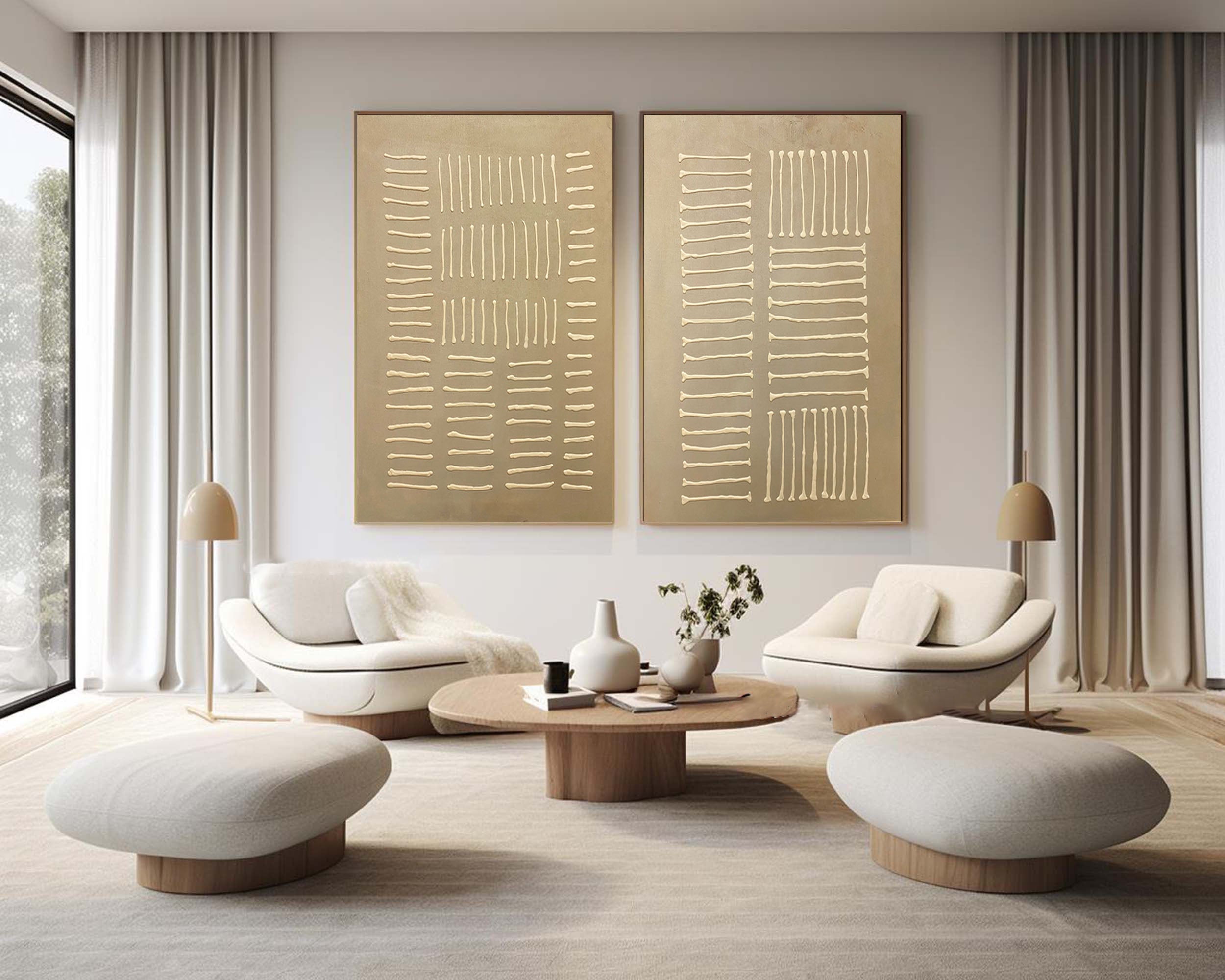 "Linear Harmony" – Abstract Minimalist Canvas Art Duo in Beige & Cream