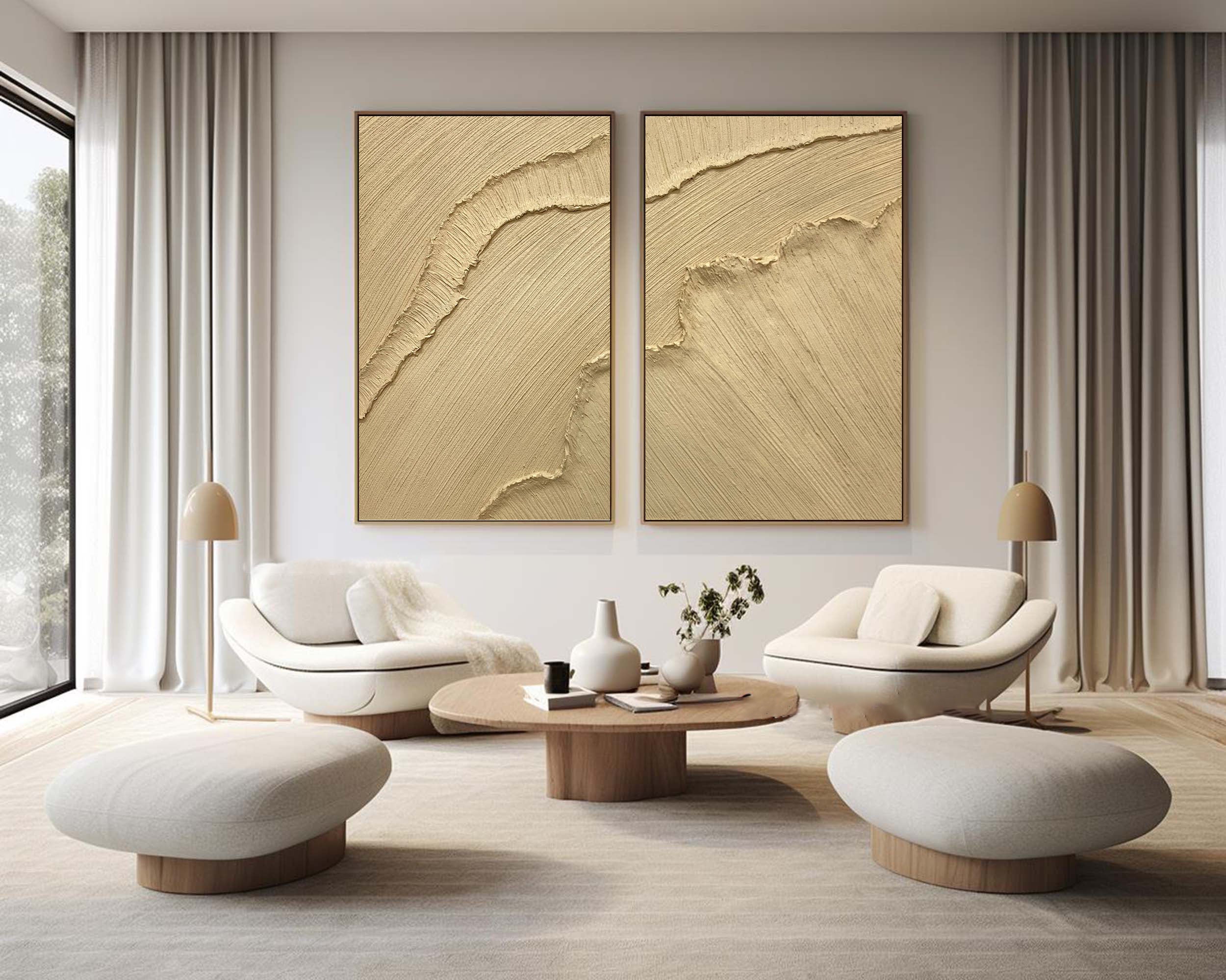 "Golden Horizon" – Minimalist Textured Wall Art Duo in Sandstone Gold