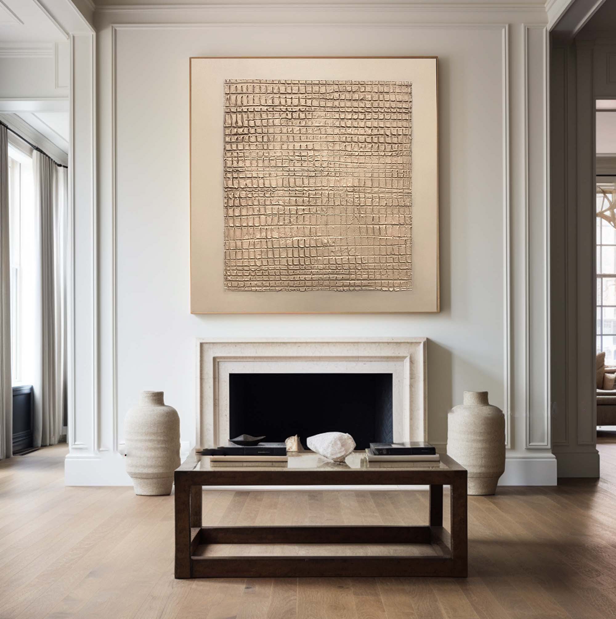 Earth Grid: Textured Abstract Canvas in Warm Beige