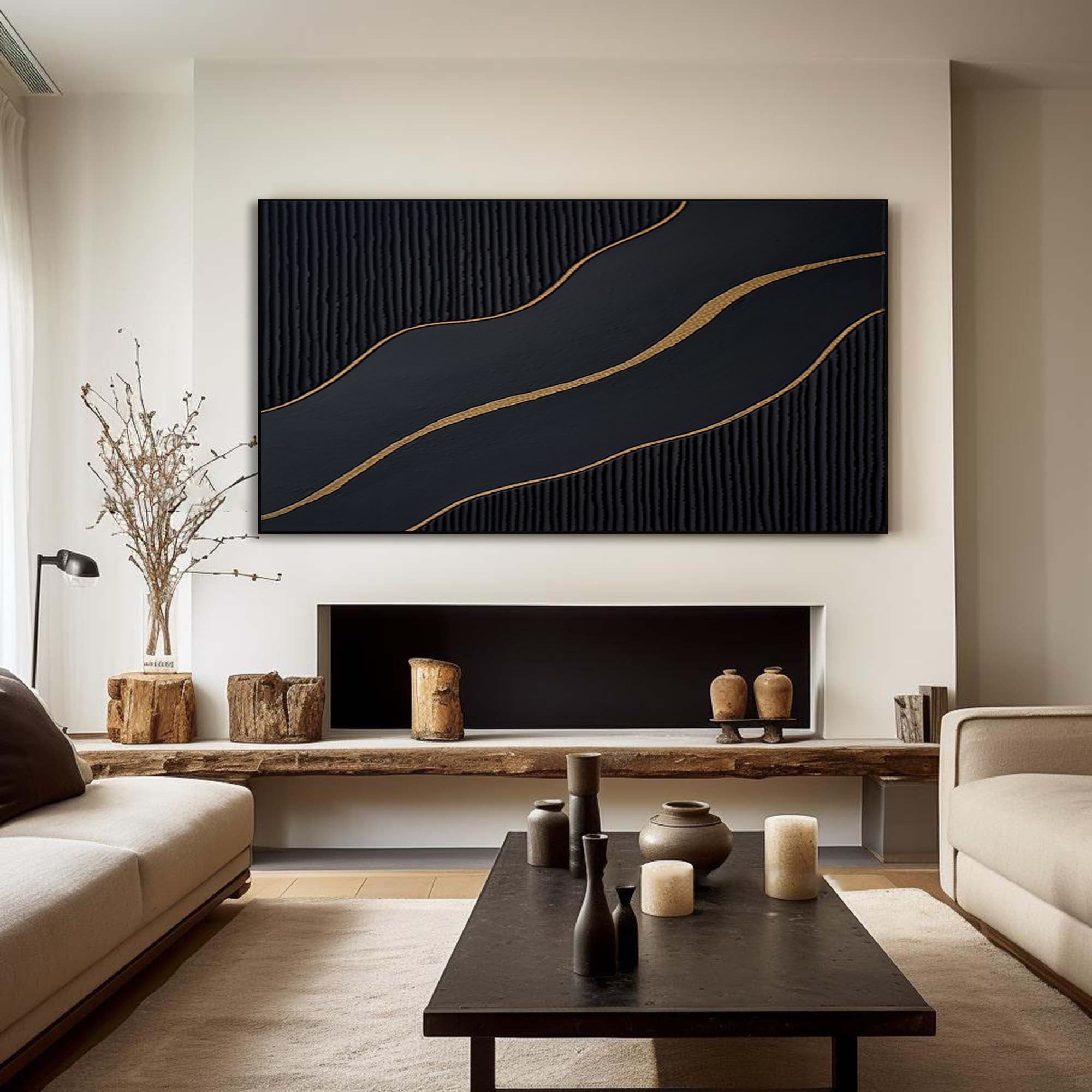 Ebony Waves: Luxe Black & Gold Abstract Canvas