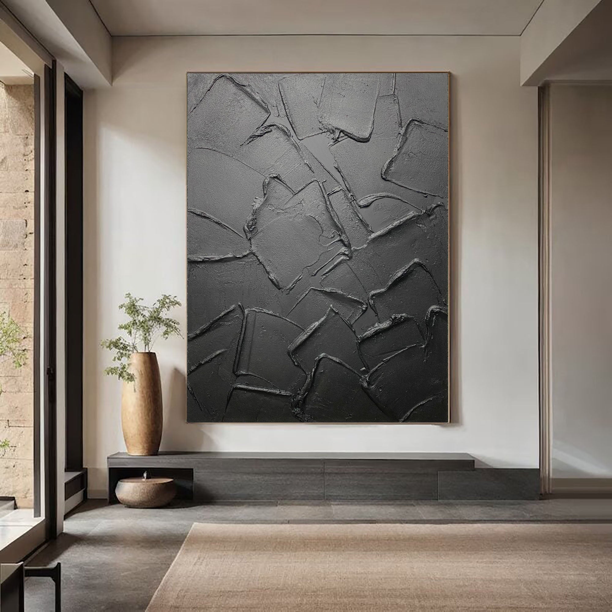 Dark Dimensions: Monochrome Textured Canvas Art