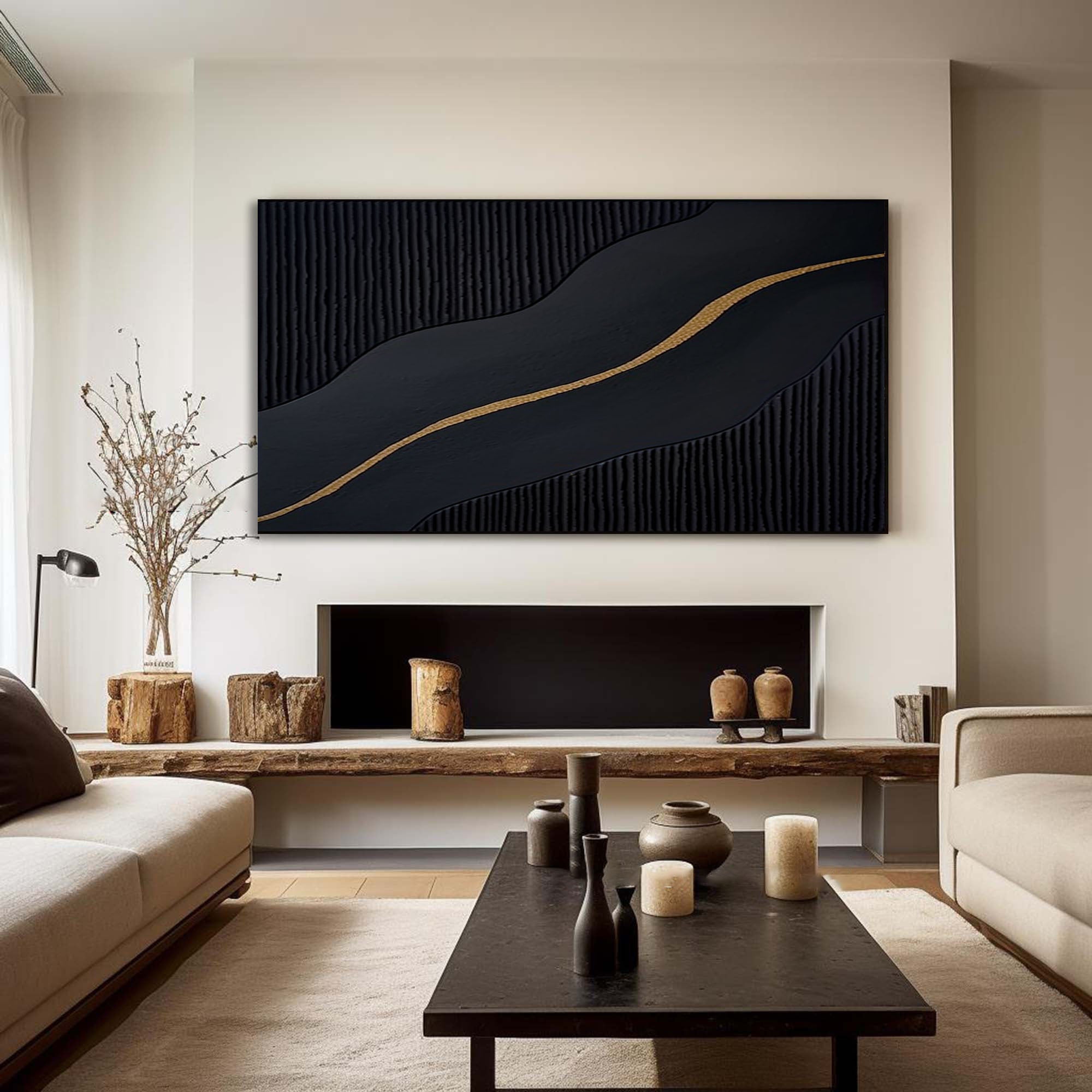 Midnight Flow: Gold-Lined Black Abstract Wall Art