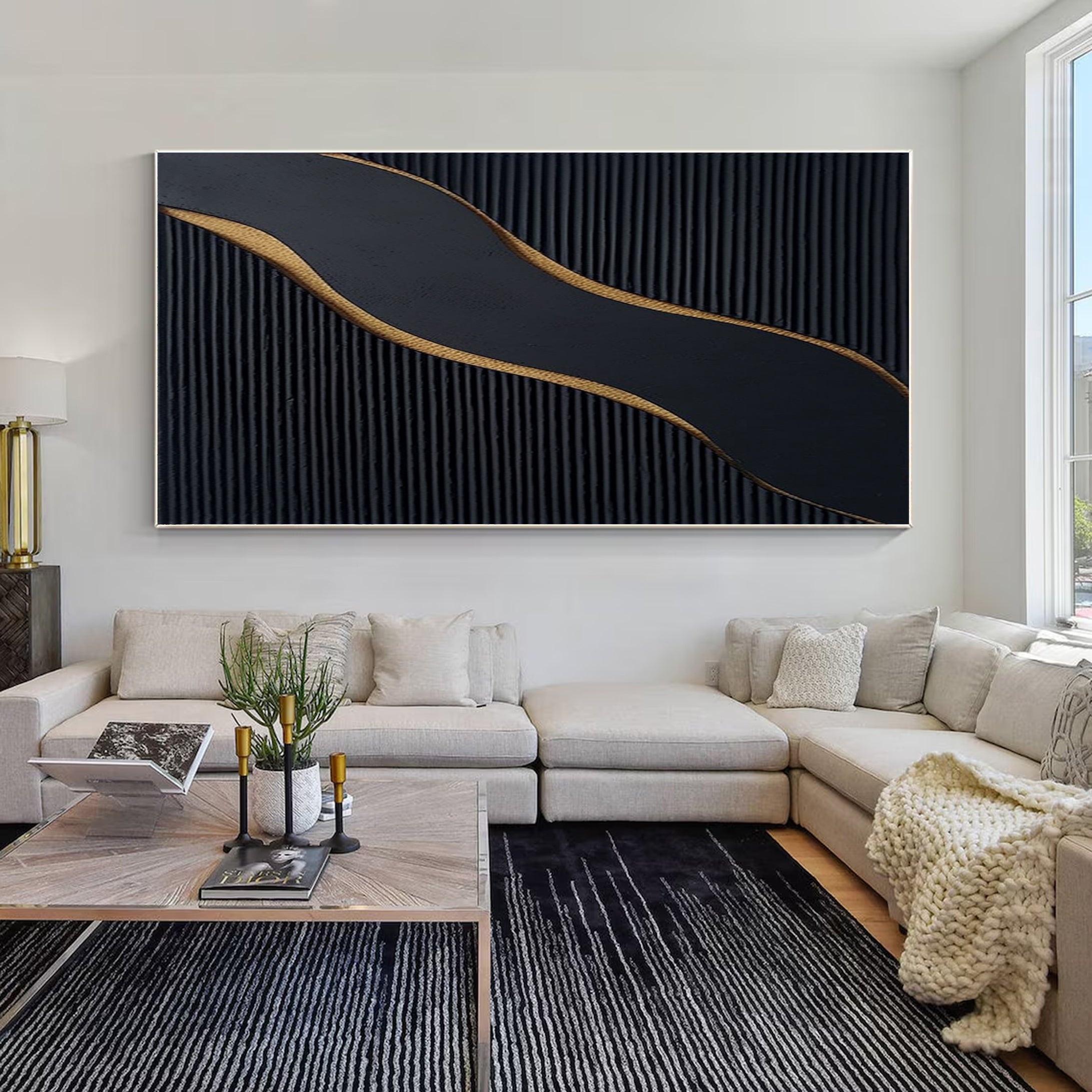 Ebony Waves: Horizontal Black & Gold Abstract Canvas