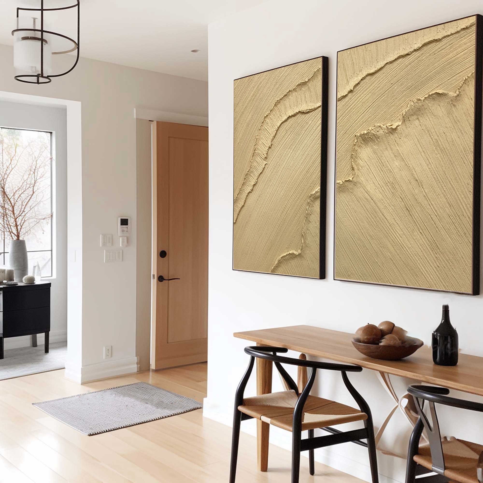 "Golden Horizon" – Minimalist Textured Wall Art Duo in Sandstone Gold