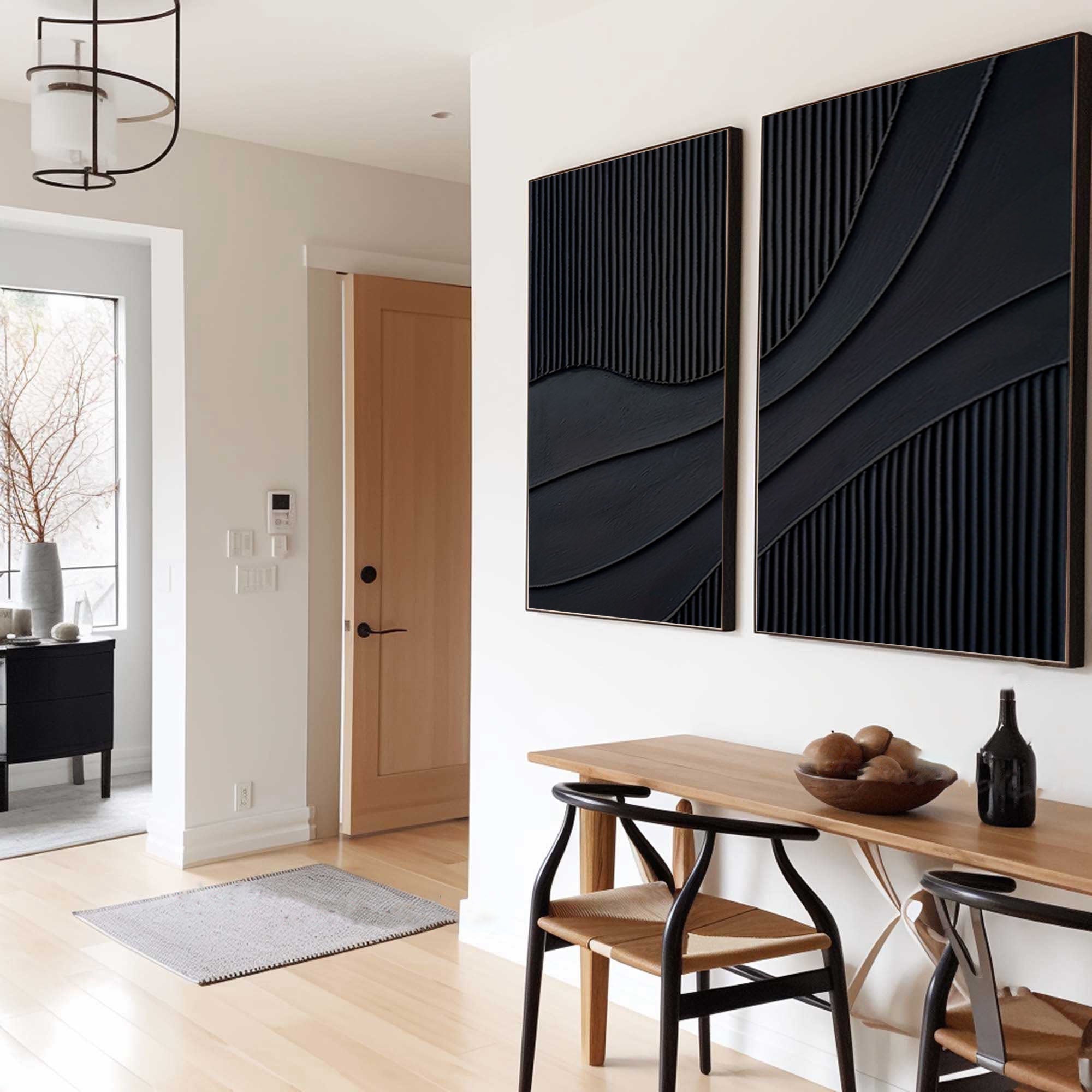 "Noir Flow" – Black Textured Diptych Wall Art for Modern Interiors