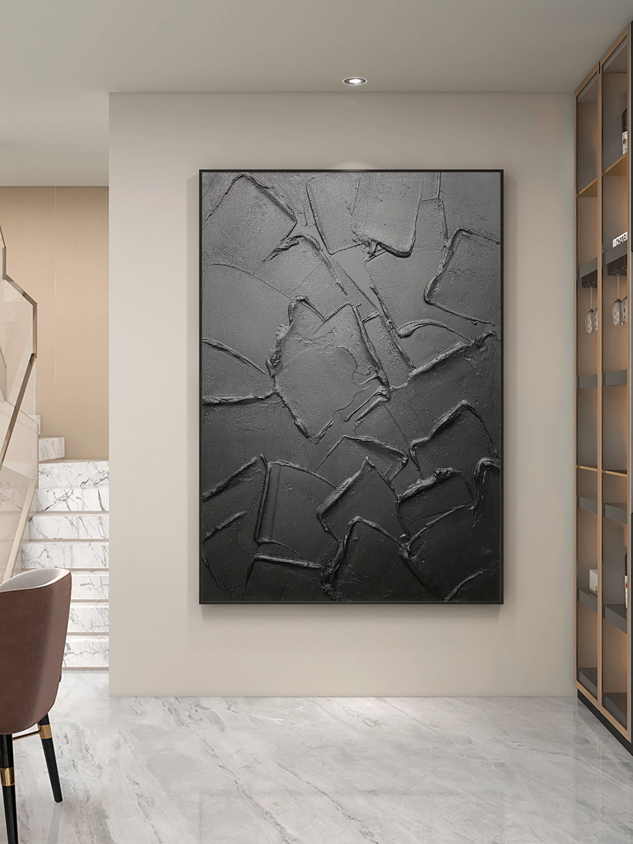 Dark Dimensions: Monochrome Textured Canvas Art