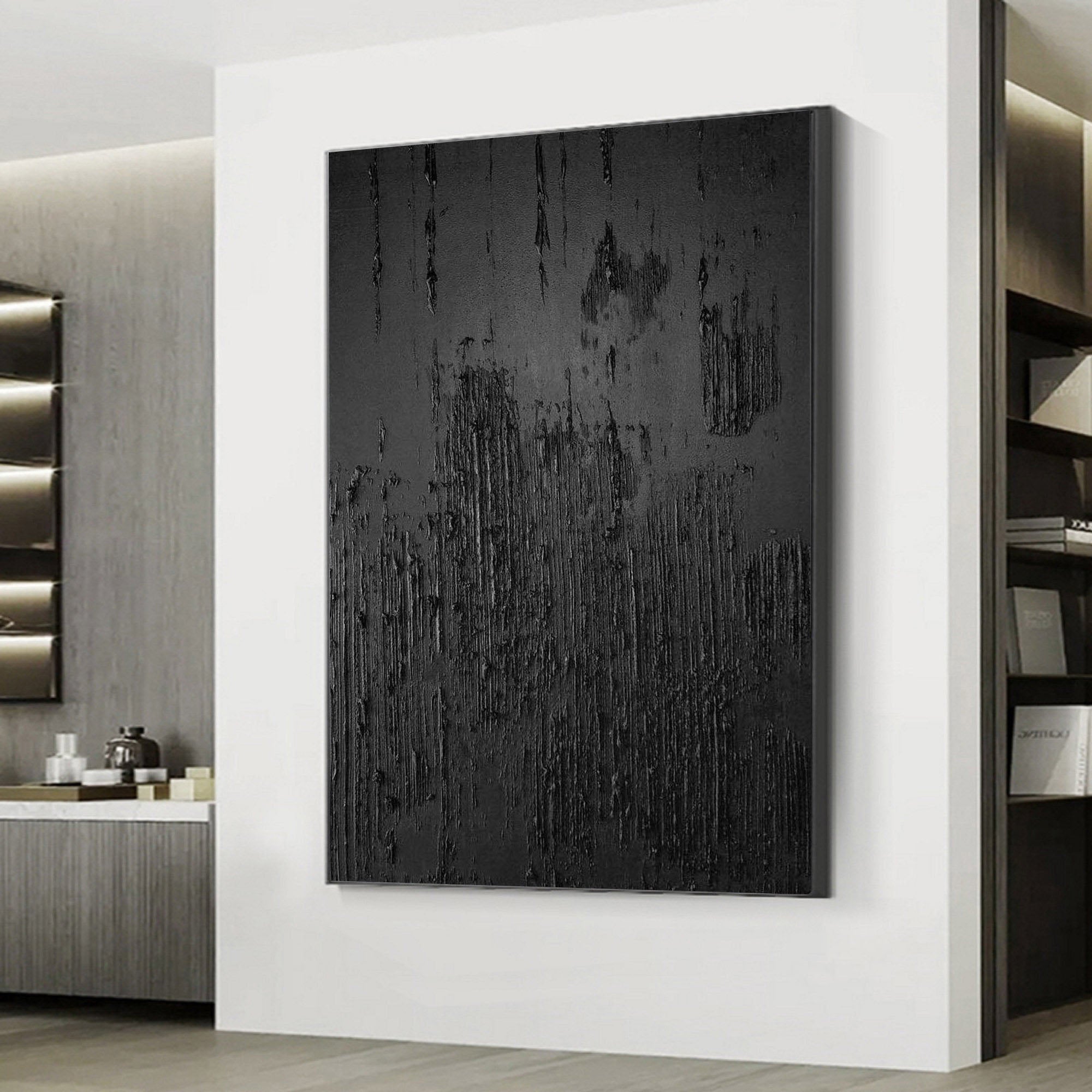 Midnight Essence: Textured Black Canvas