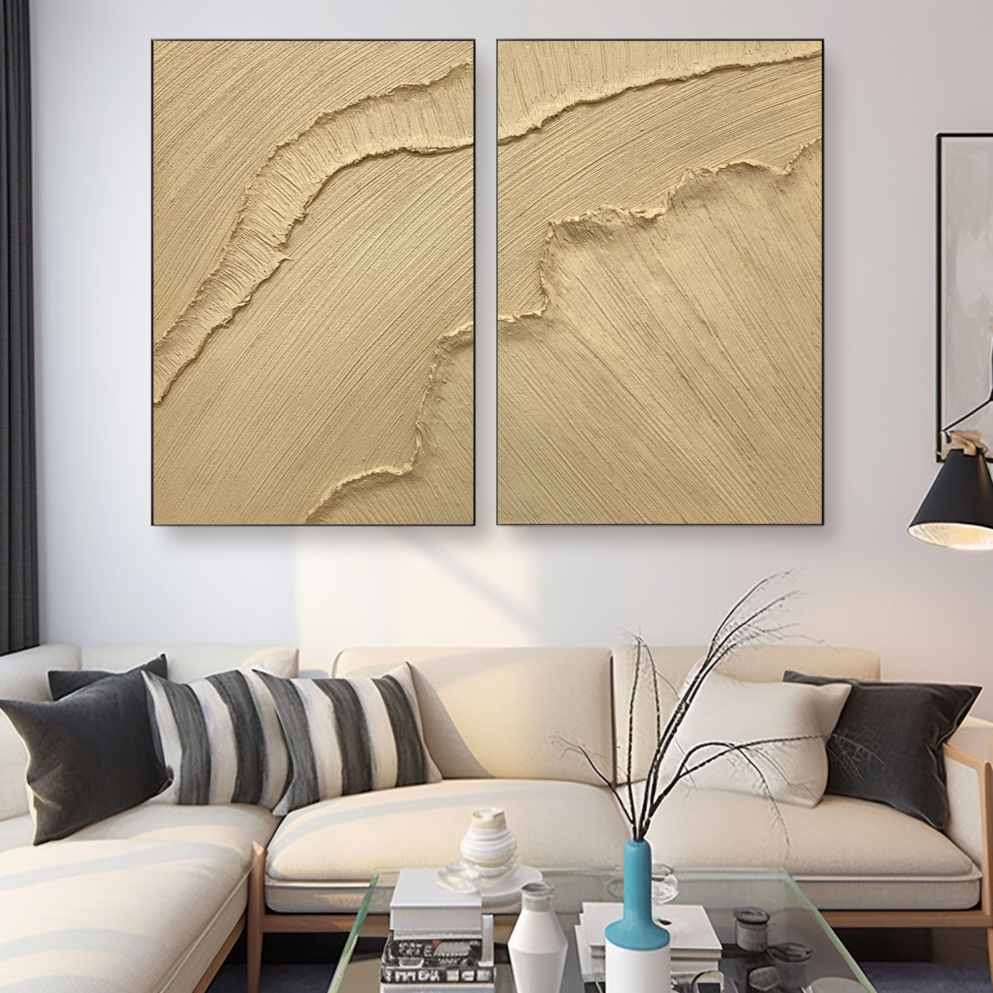 "Golden Horizon" – Minimalist Textured Wall Art Duo in Sandstone Gold