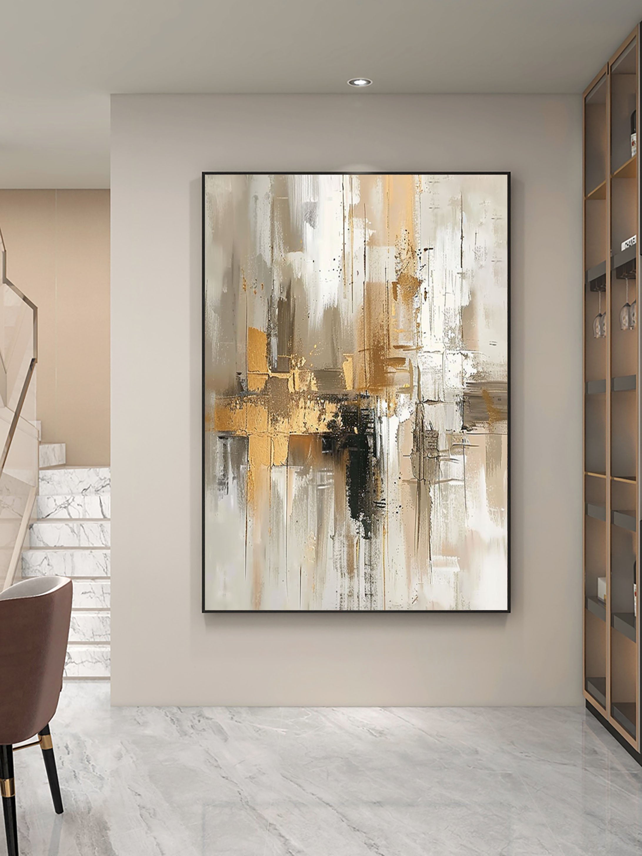 Urban Elegance: Large Abstract Canvas with Gold & Neutral Tones