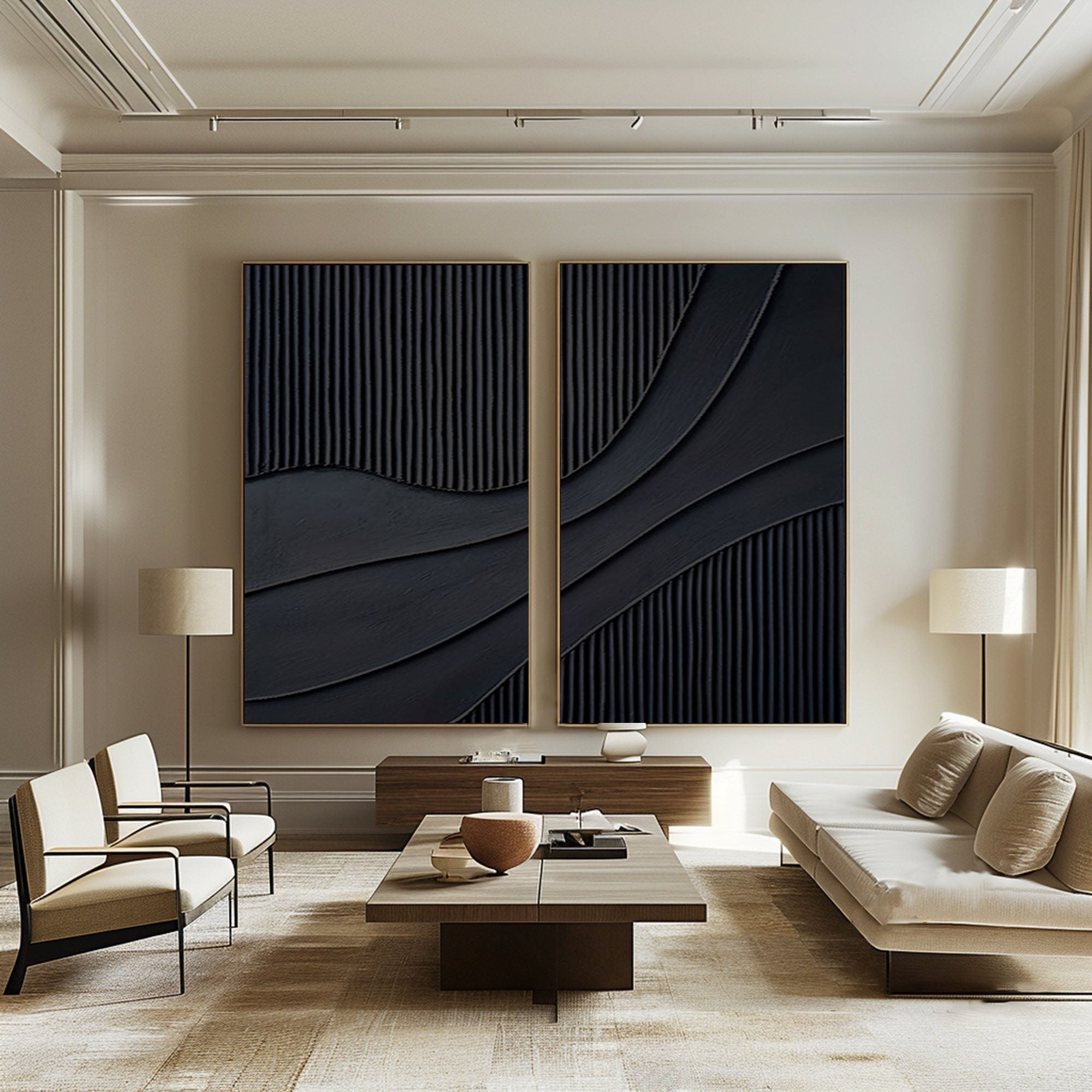 "Noir Flow" – Black Textured Diptych Wall Art for Modern Interiors