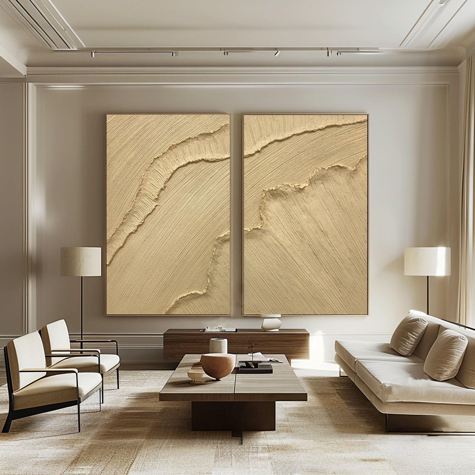 "Golden Horizon" – Minimalist Textured Wall Art Duo in Sandstone Gold