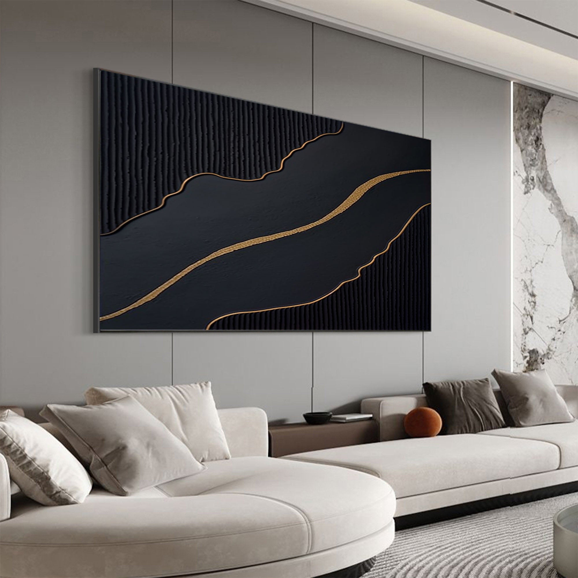 Golden Flow: Black Abstract Wall Art