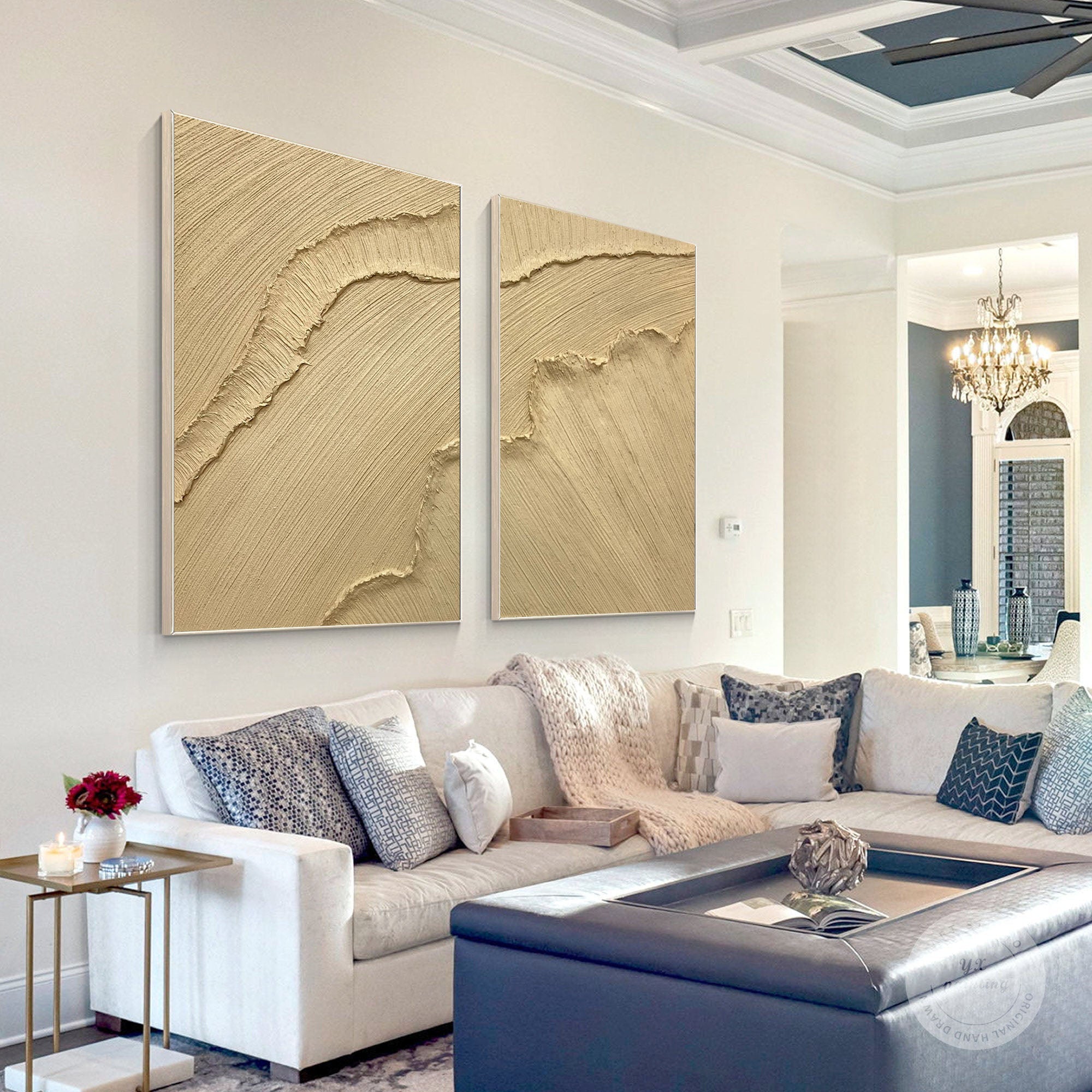 "Golden Horizon" – Minimalist Textured Wall Art Duo in Sandstone Gold