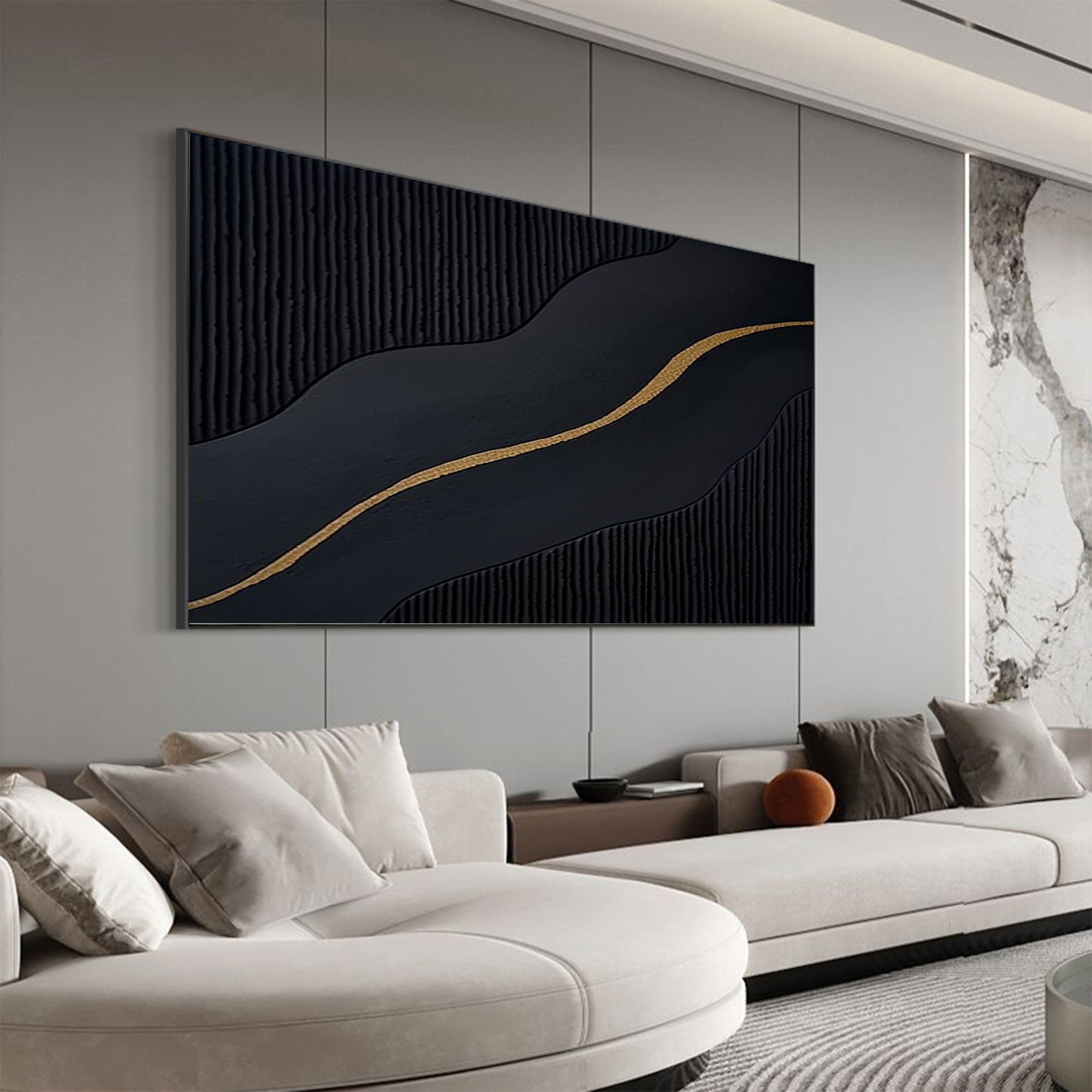 Midnight Flow: Gold-Lined Black Abstract Wall Art