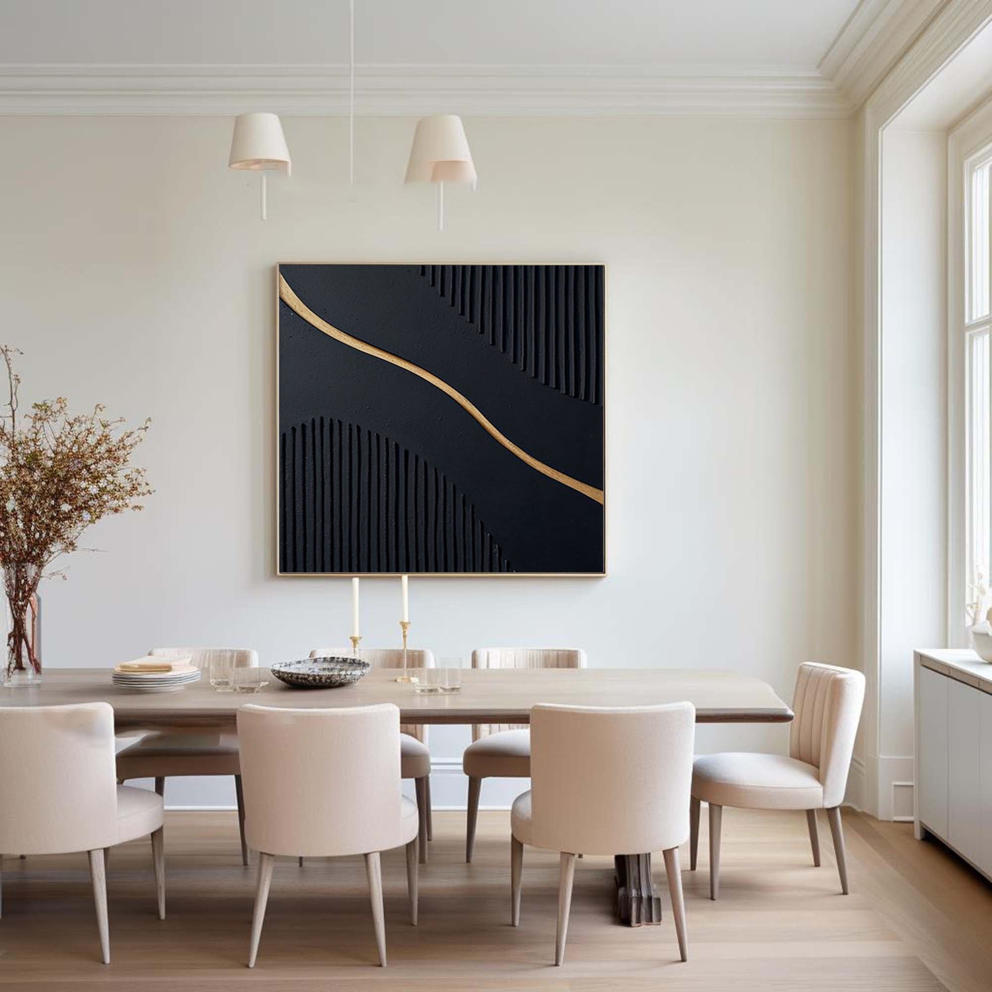 Golden Wave: Black Textured Abstract Canvas Art