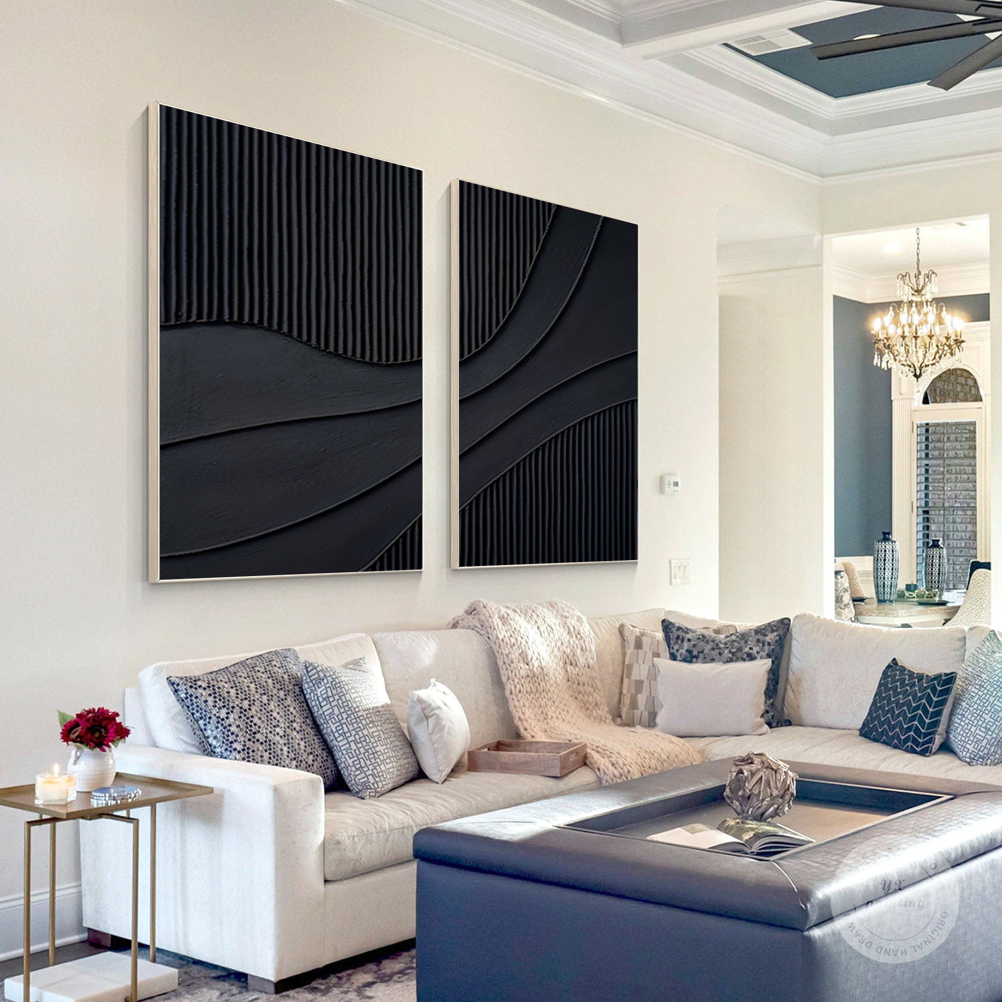 "Noir Flow" – Black Textured Diptych Wall Art for Modern Interiors