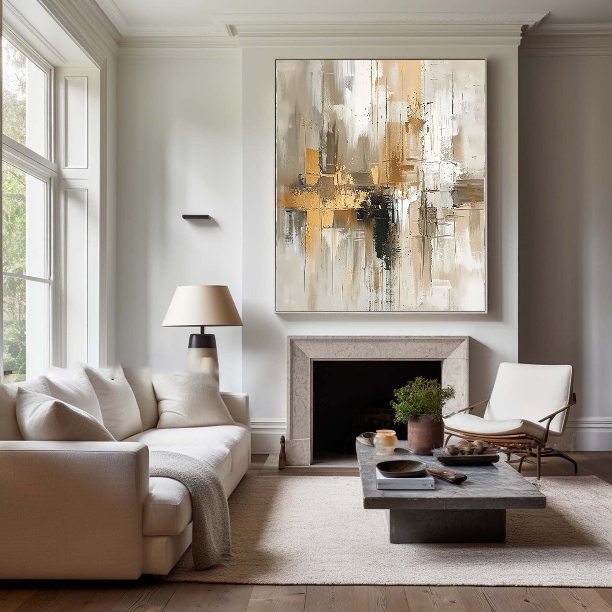 Urban Elegance: Large Abstract Canvas with Gold & Neutral Tones