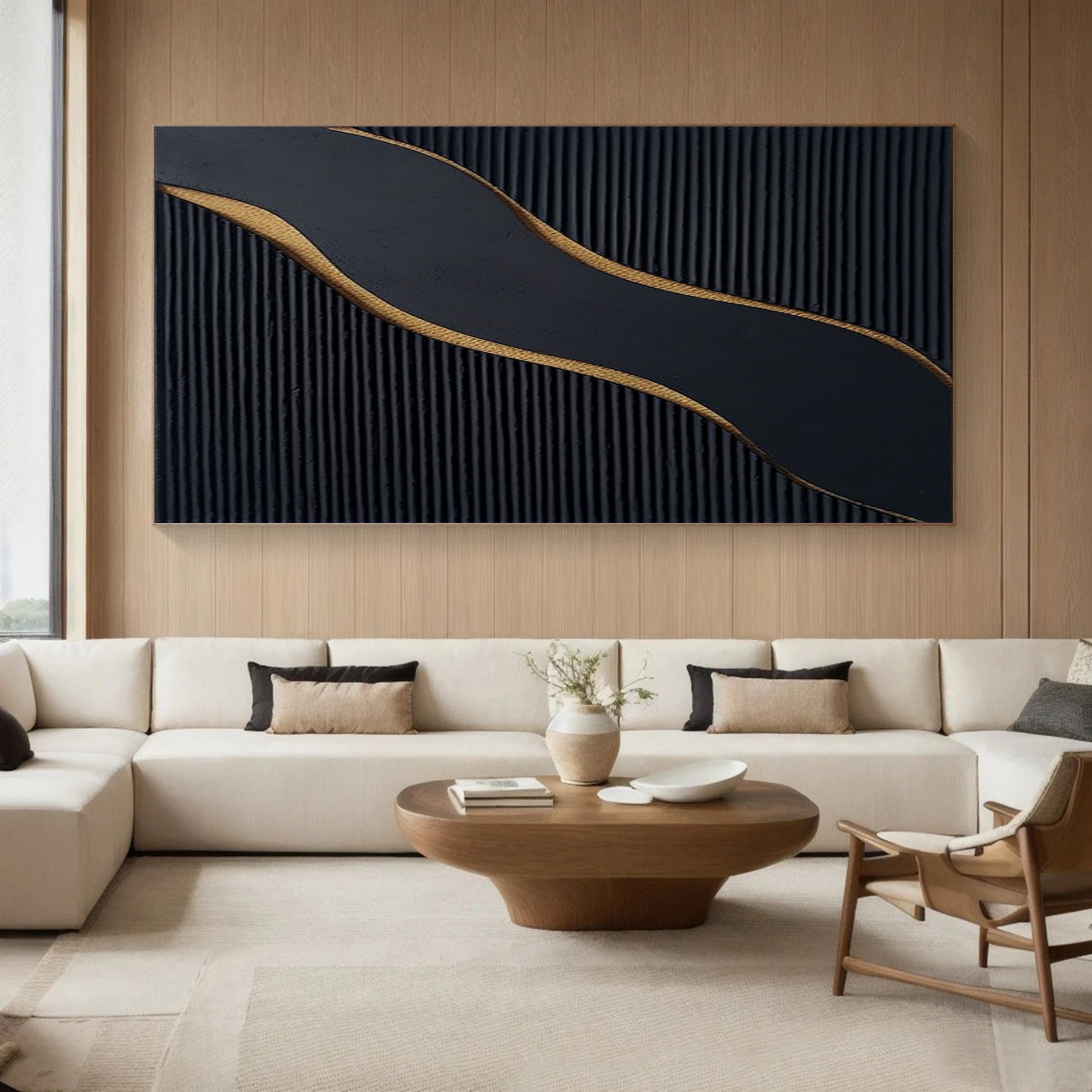 Ebony Waves: Horizontal Black & Gold Abstract Canvas