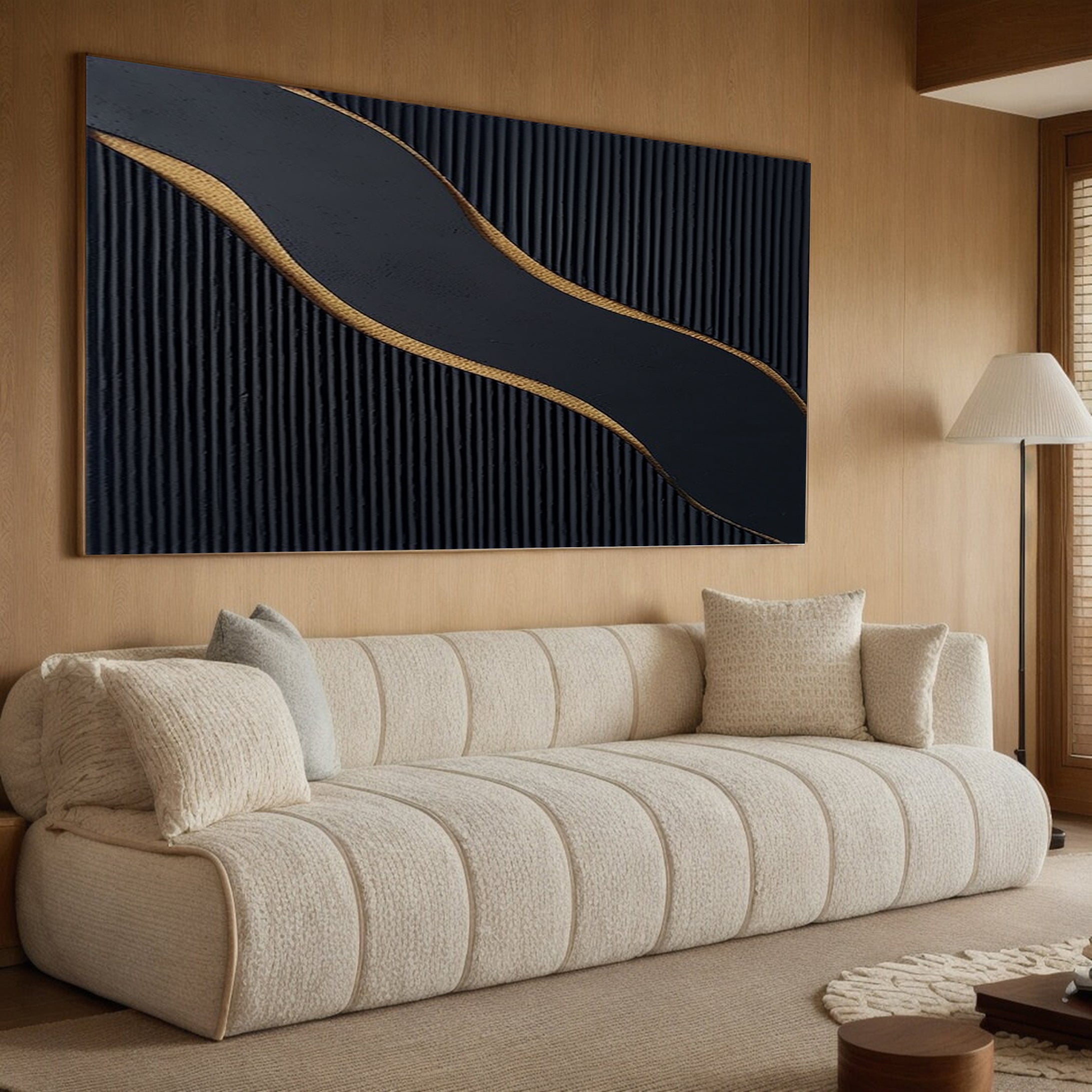 Ebony Waves: Horizontal Black & Gold Abstract Canvas