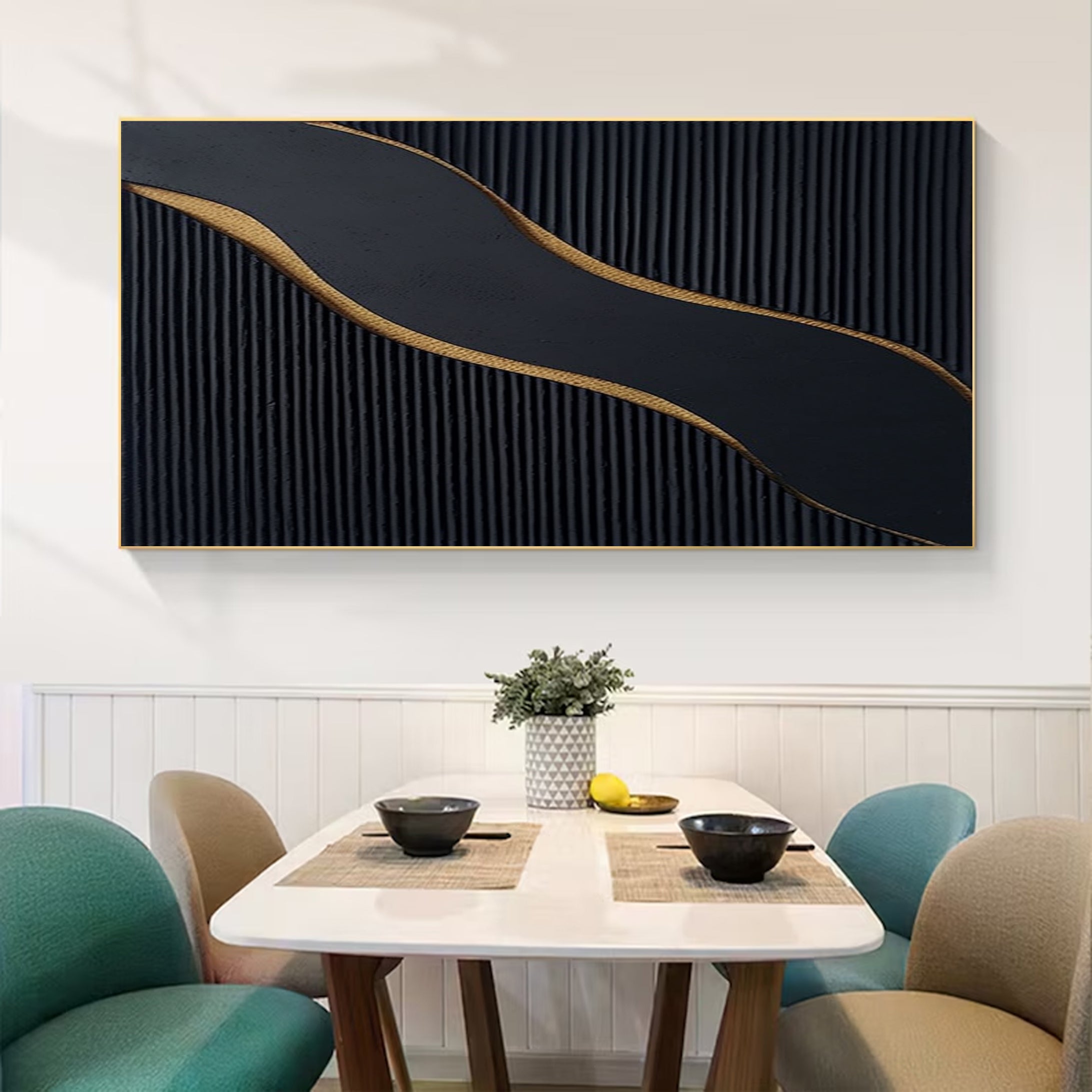 Ebony Waves: Horizontal Black & Gold Abstract Canvas