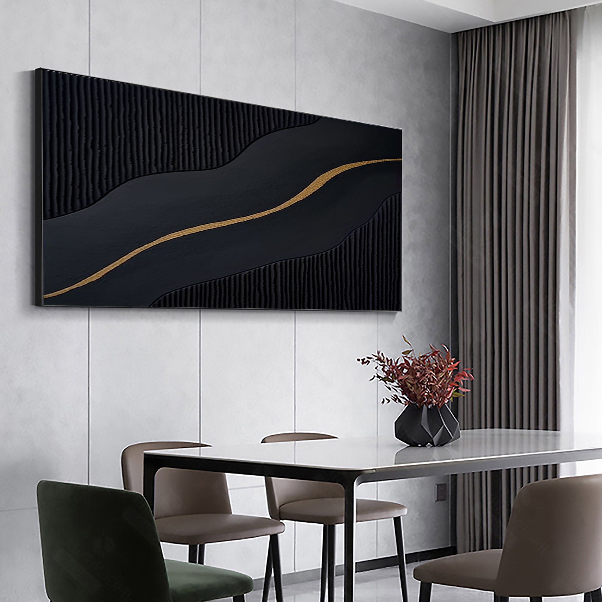 Midnight Flow: Gold-Lined Black Abstract Wall Art