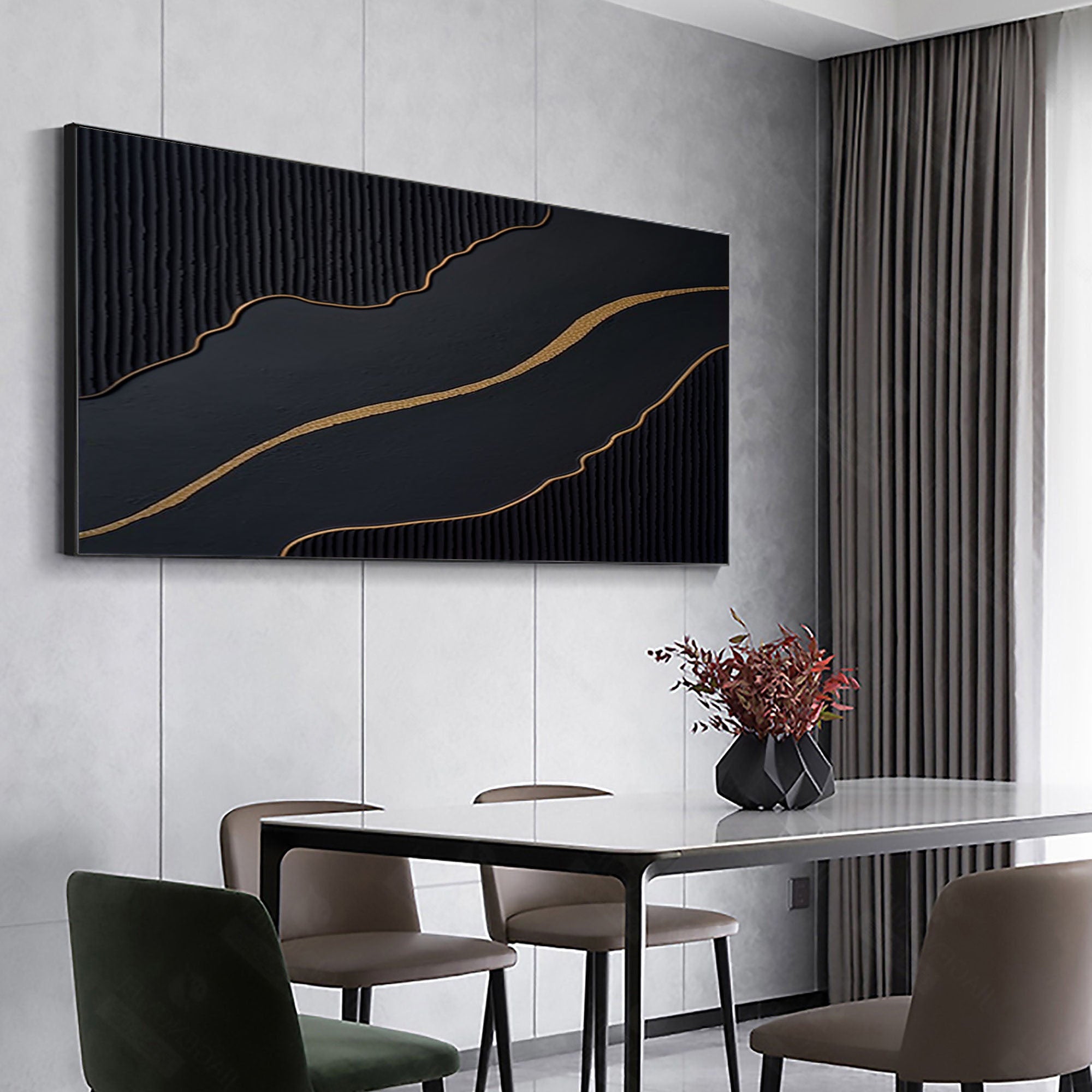 Golden Flow: Black Abstract Wall Art