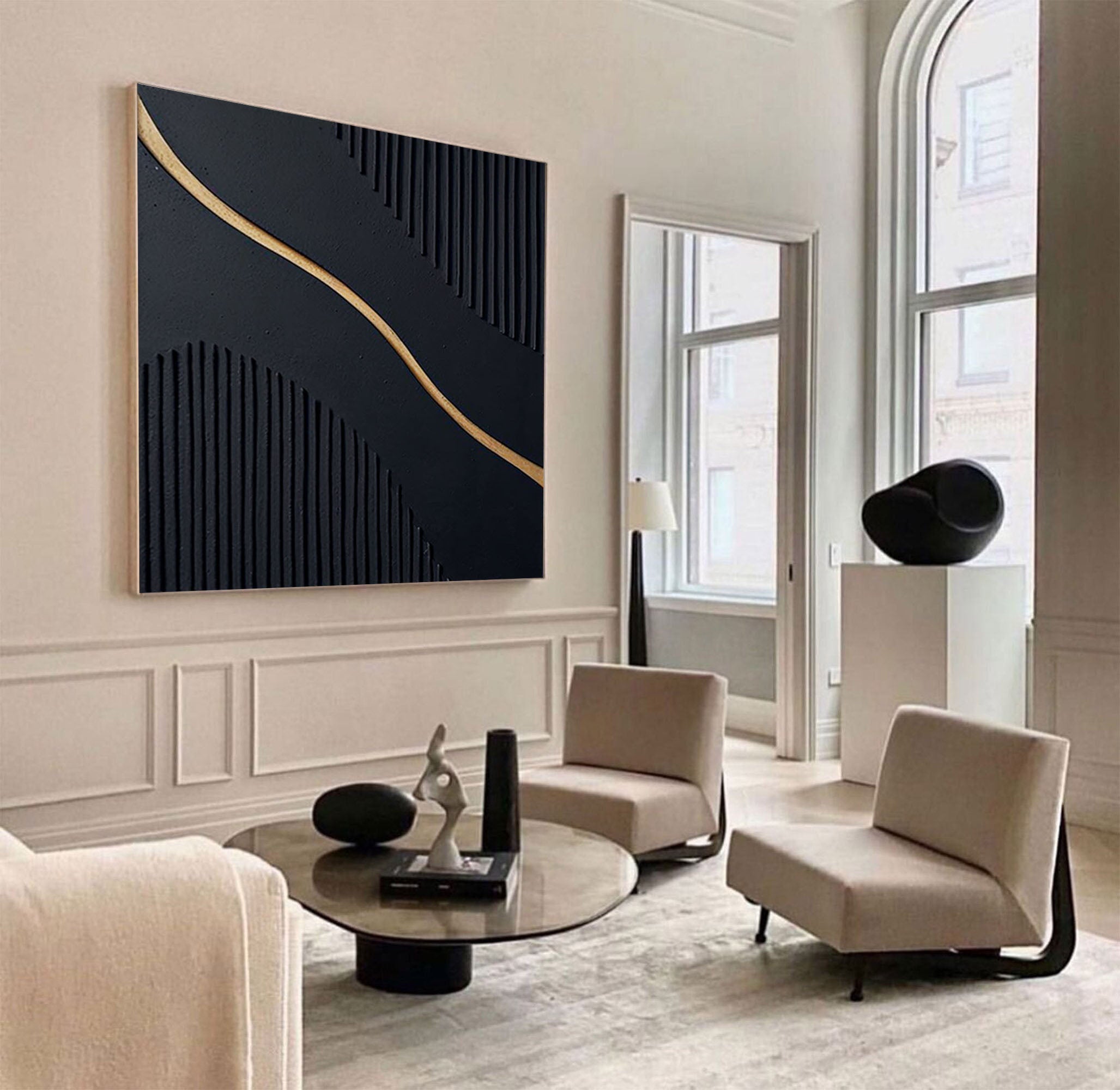 Golden Wave: Black Textured Abstract Canvas Art