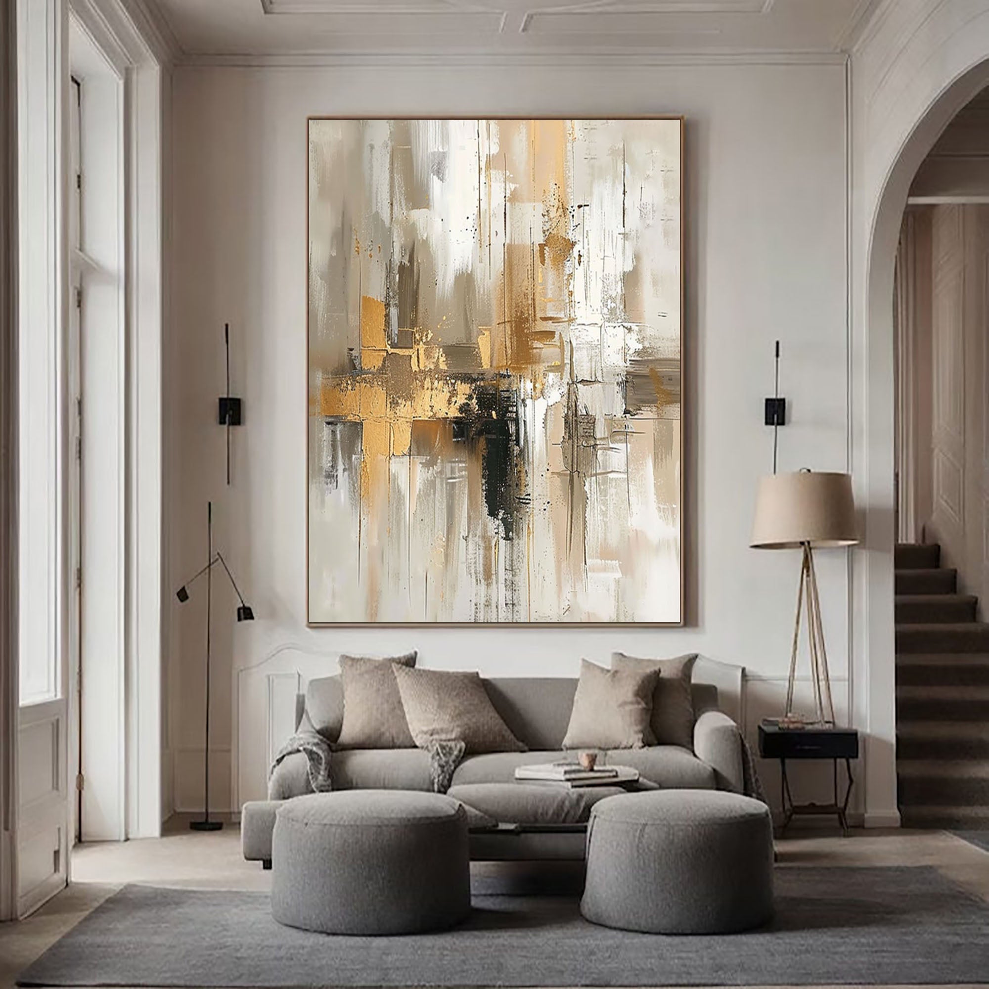 Urban Elegance: Large Abstract Canvas with Gold & Neutral Tones